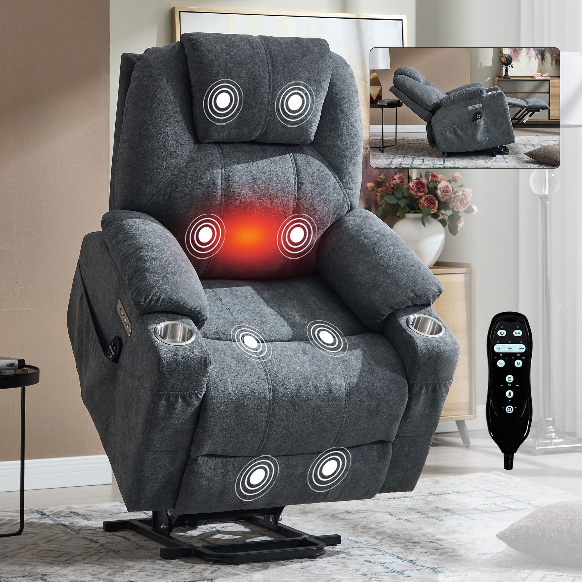 MAYEERTY Power Lift Recliner Chair for Elderly, Chenille Single Motor Electric Recliner with 8-Point Vibration Massage & Lumbar Heat, for Living Room Bedroom