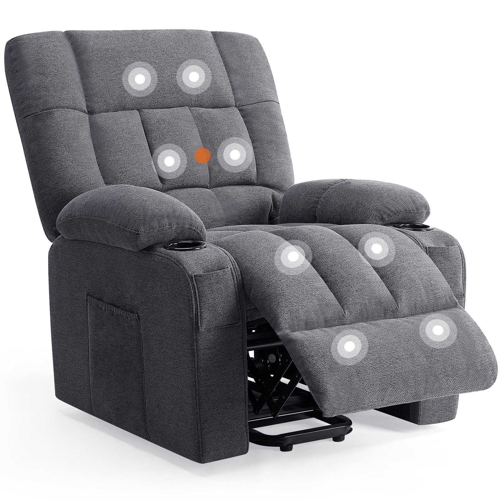 MAYEERTY Faux Linen Massage Recliner Chair with Heating, 8 Vibration Points Adjustable Lounge Sofa with Cup Holders & Storage Pockets, 300lbs Capacity