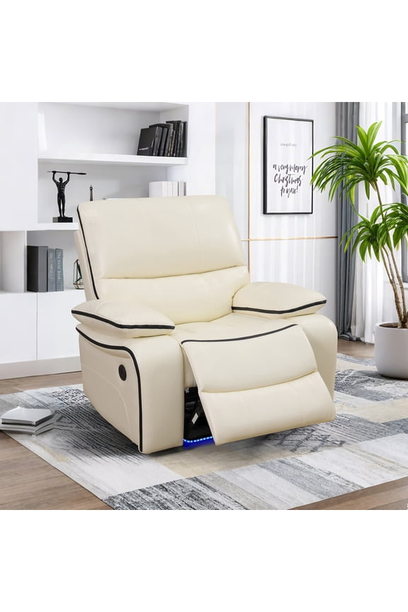Power Recliner Chair, Electric Bonded Leather Reclining Chair with USB Charging & Adjustable Backrest for Living Room, Off-White