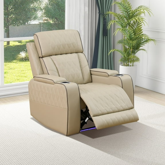 MAYEERTY Power Recliner Chair, Electric Breathable Leather Reclining Chair with USB Charging, LED Lighting & Adjustable Backrest for Living Room, Beige