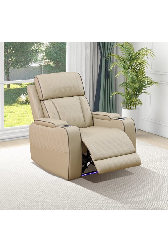 Power Recliner Chair, Electric Breathable Leather Reclining Chair with USB Charging, LED Lighting & Adjustable Backrest for Living Room, Beige