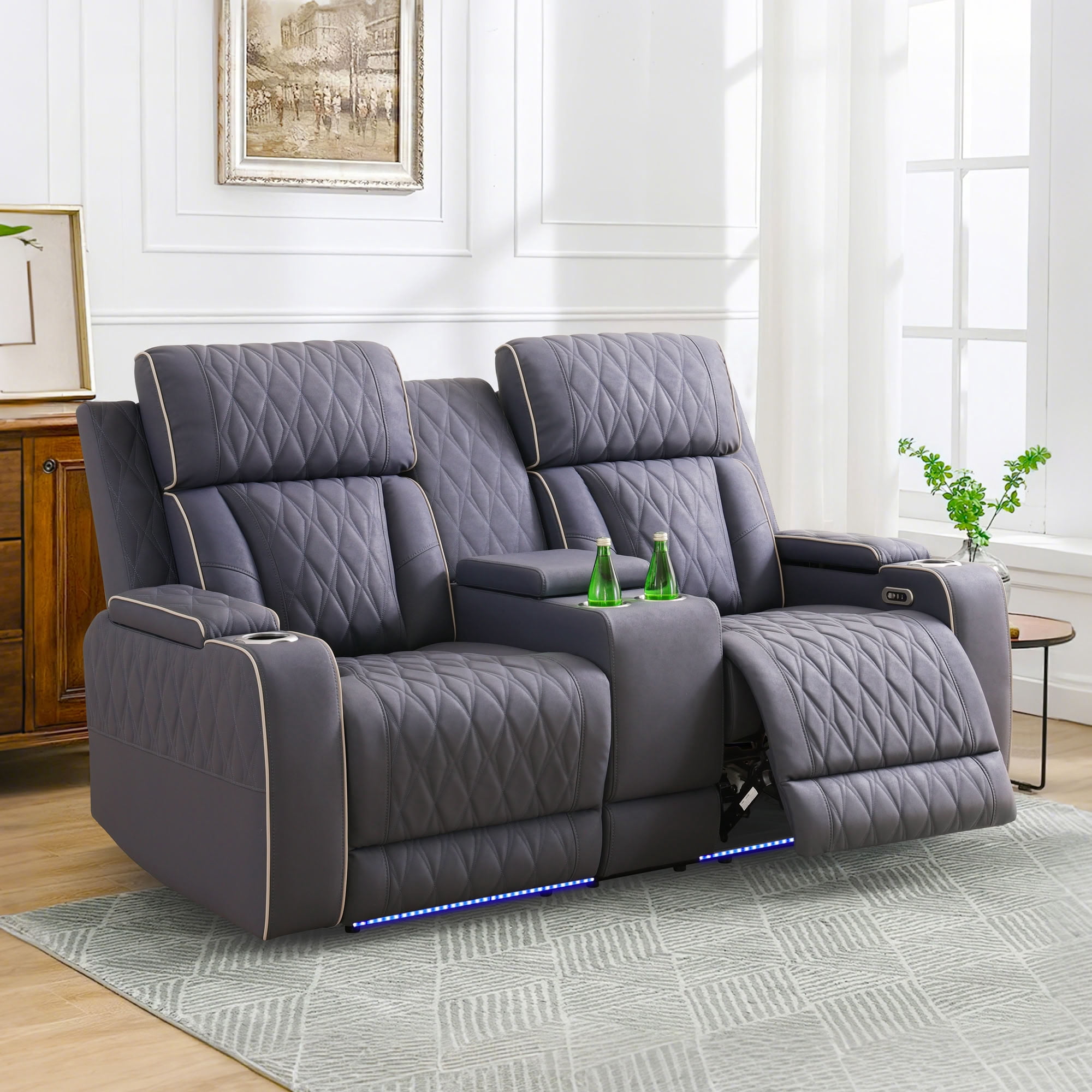MAYEERTY Power Recliner Loveseat, 2-Seater Sanded Leather Recliner Sofa with LED, USB Charger, Cup Holders & Storage, for Living Room, Family Use