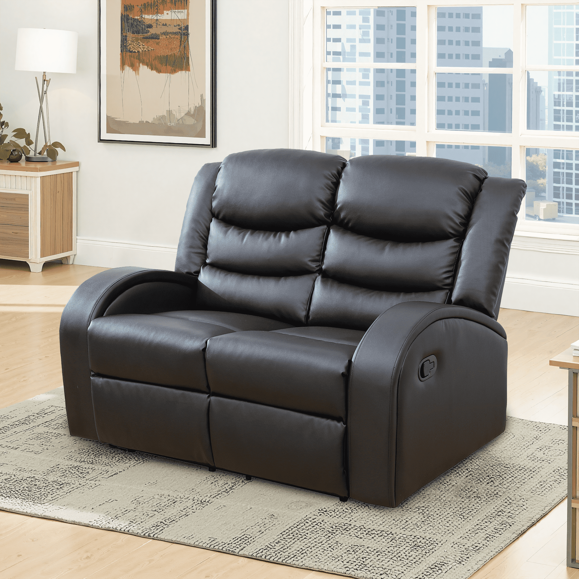 MAYEERTY Power Recliner Sofa, Breathable Leather Reclining Loveseat Sofa with Storage & Reversible Table for Living Room, Black