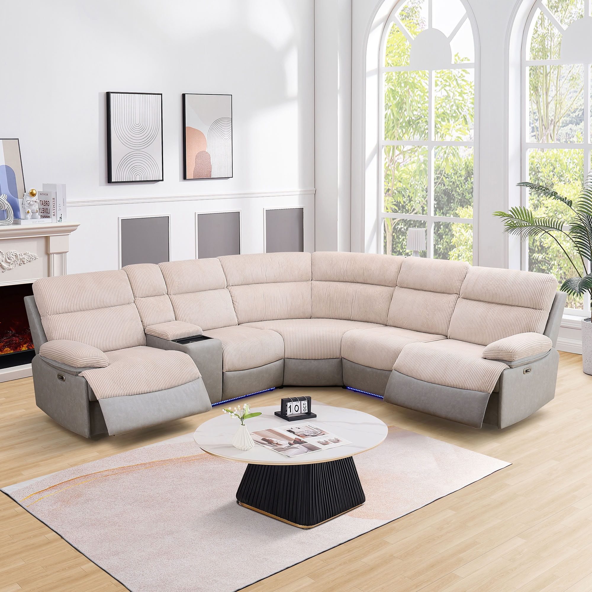 MAYEERTY Power Reclining L-Shaped Sectional Sofa, Home Theater Seating with Wireless Charging & LED Lights, for Living Room