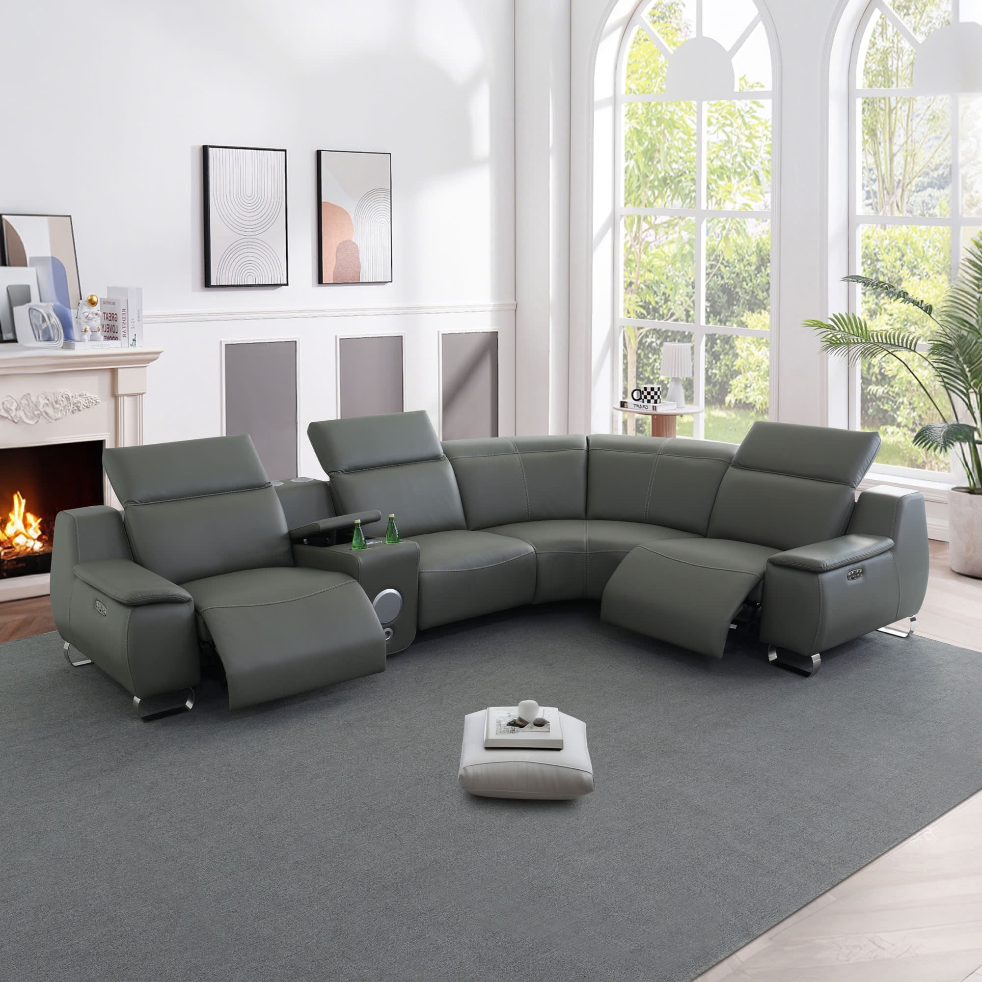 MAYEERTY Power Reclining L-Shaped Sectional Sofa, Leather Recliner Couch with Bluetooth Speaker, Wireless Charging & USB for Living Room