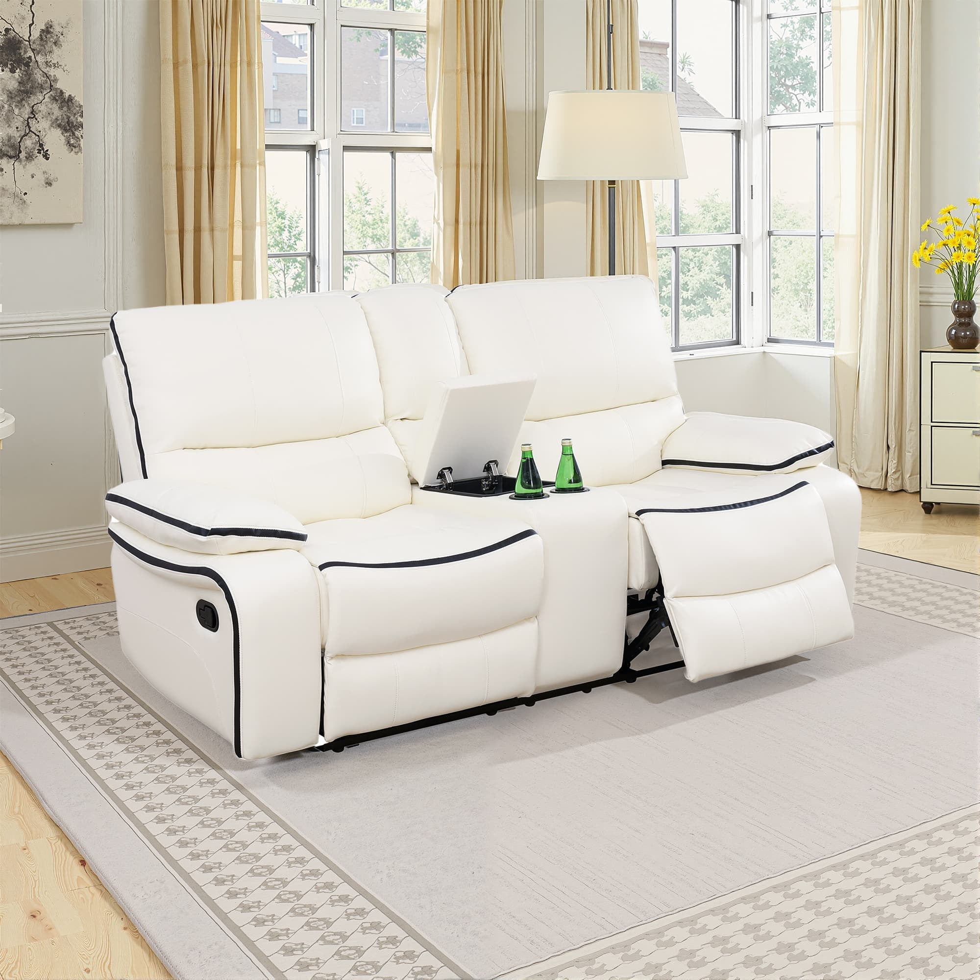 MAYEERTY Power Reclining Loveseat, Electric 2-Seat Breathable Leather Recliner with Storage & Cup Holders for Living Room, White