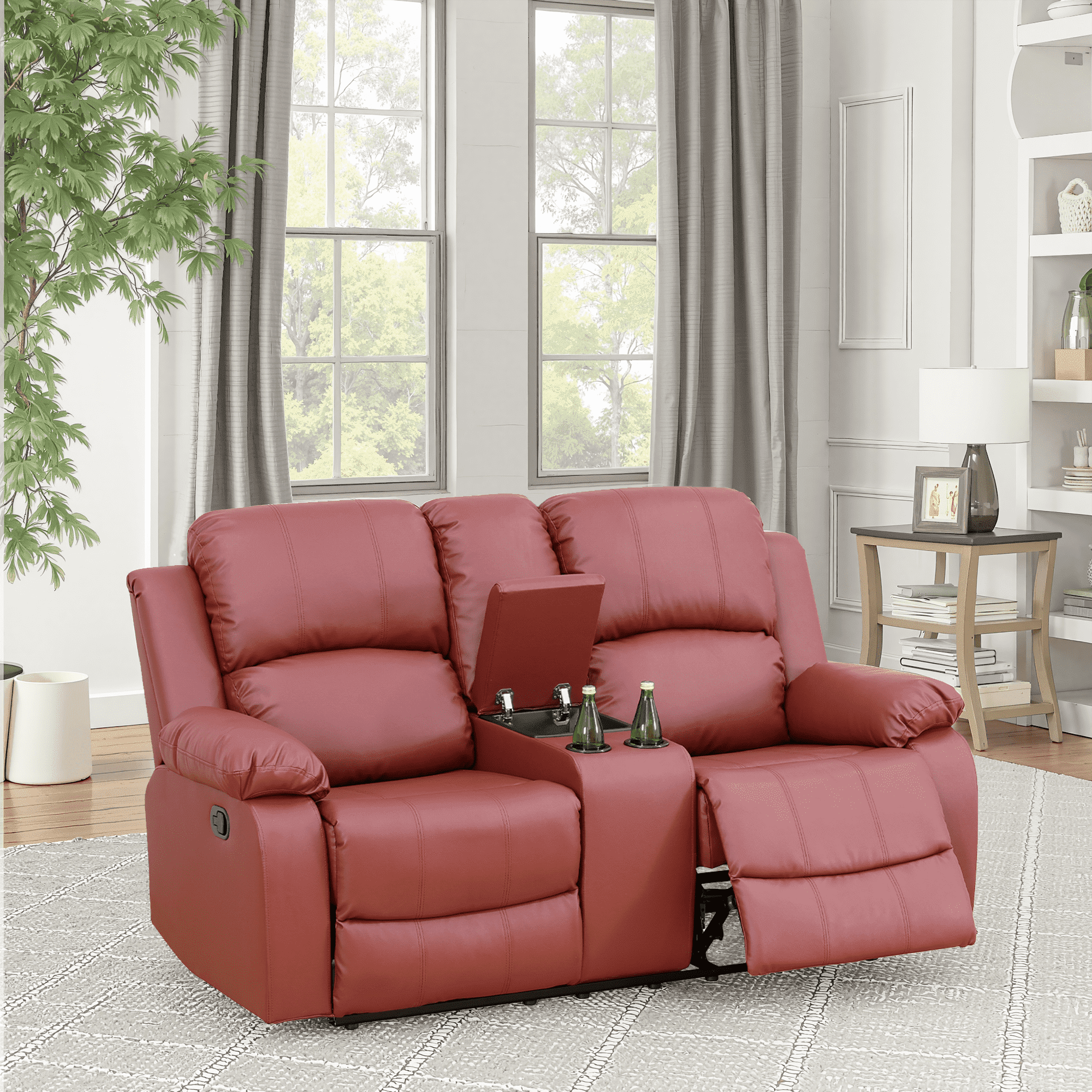 MAYEERTY Power Reclining Loveseat, Electric 2-Seat Leather Recliner with Storage & Cup Holders for Living Room, Red