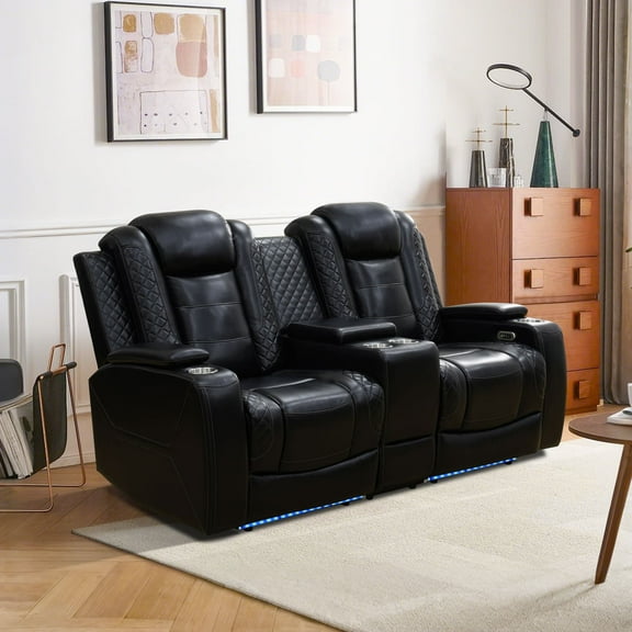MAYEERTY Power Reclining Loveseat, Electric 2-Seat Leather Recliner with USB Charging, Storage & Cup Holders for Living Room, Black
