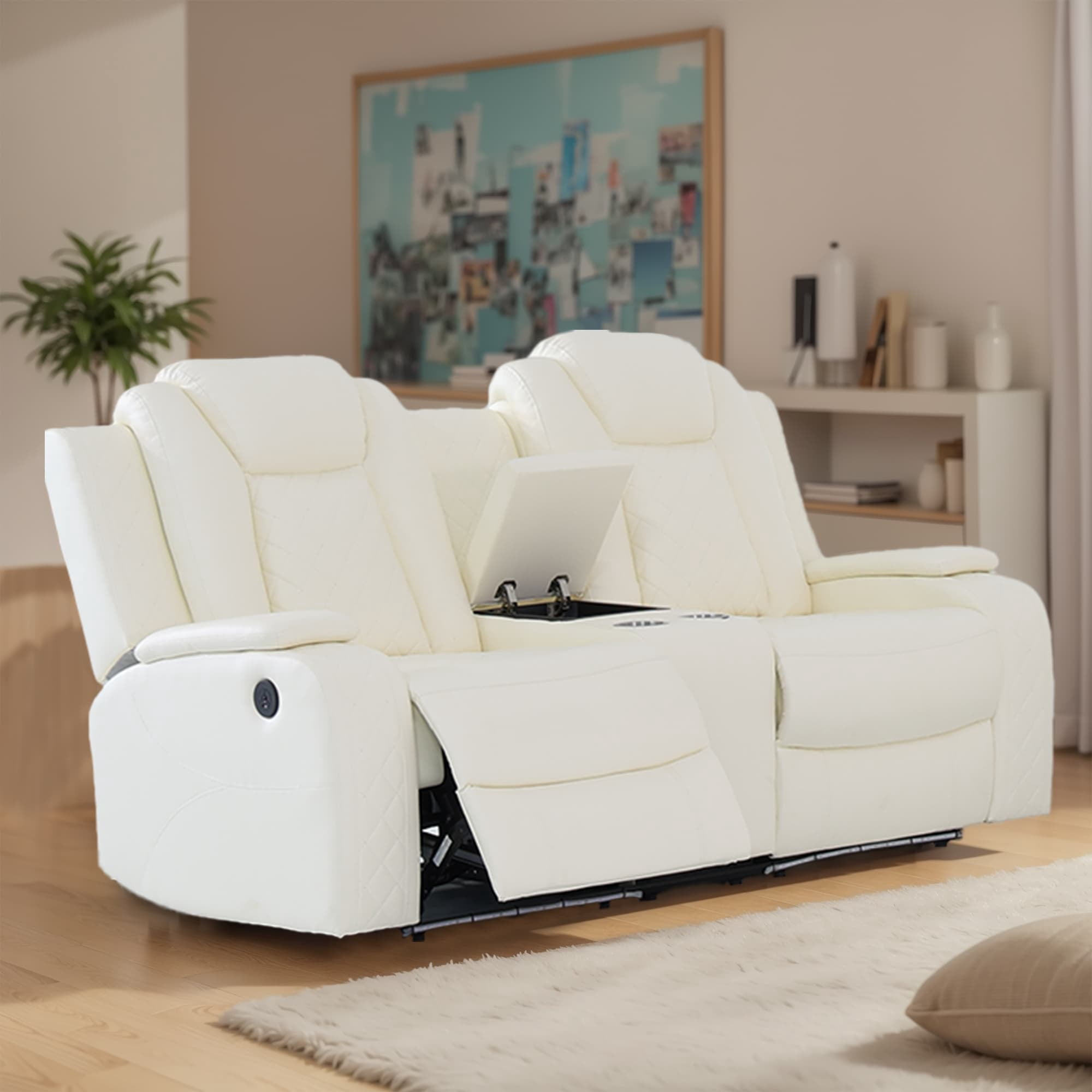 MAYEERTY Power Reclining Loveseat, Electric 2-Seat Leather Recliner with USB Charging, Storage & Cup Holders for Living Room, White