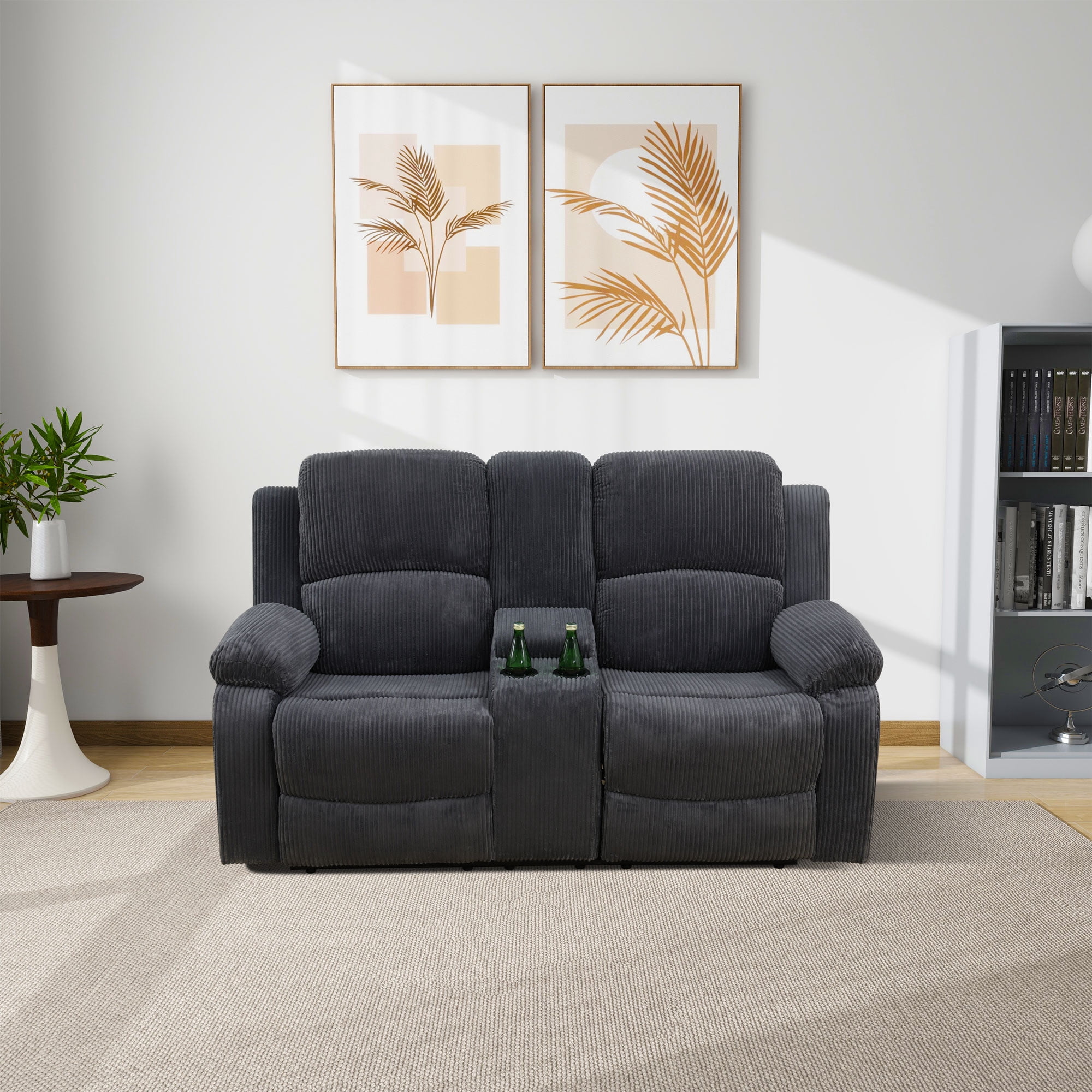MAYEERTY Reclining Loveseat, Manual 2-Seat Fabric Recliner with Storage & Cup Holders for Living Room, Dark Grey