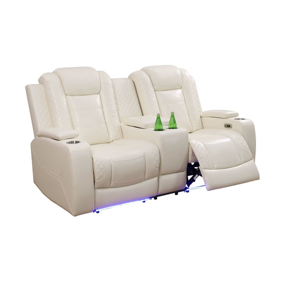 MAYEERTY Power Reclining Loveseat Sofa, Electric 2-Seat Leather Recliner with USB Charging, Storage & Cup Holders for Living Room, White