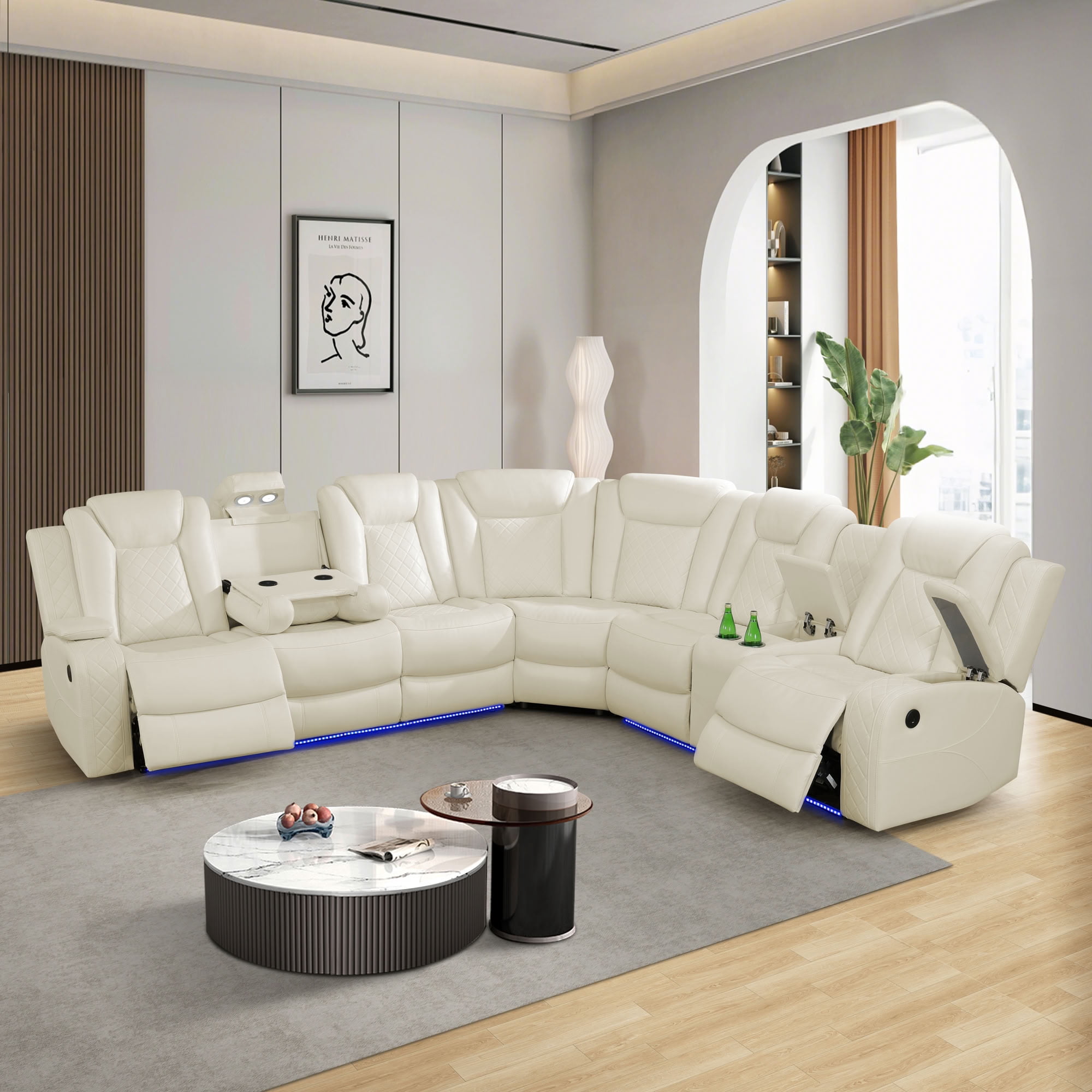 MAYEERTY Power Reclining Sectional Sofa, L-Shape Recliner with Wireless Charging and LED Lights, for Living Room, Home Theater