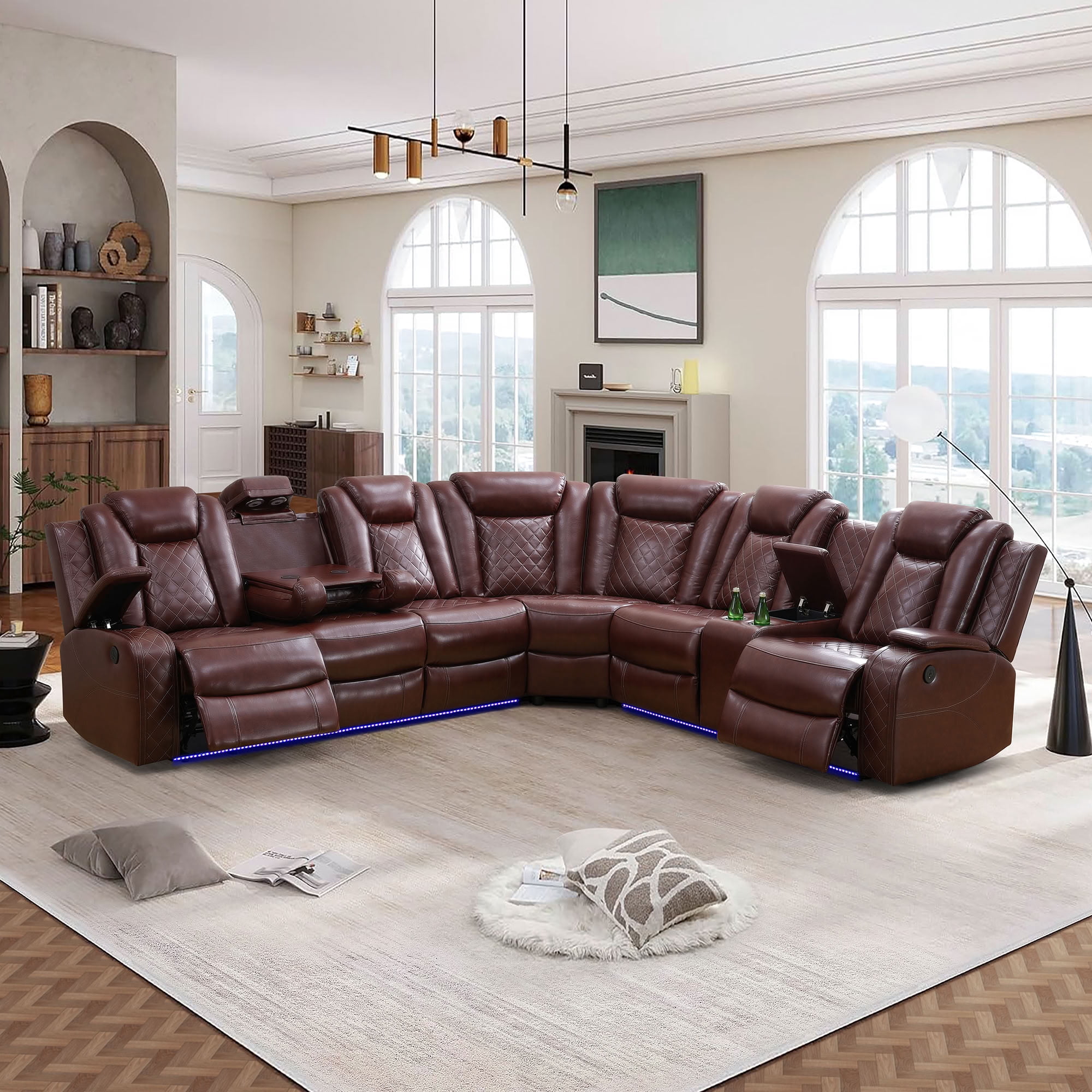 MAYEERTY Power Reclining Sectional Sofa, L-Shape Recliner with Wireless Charging and LED Lights, for Living Room, Home Theater