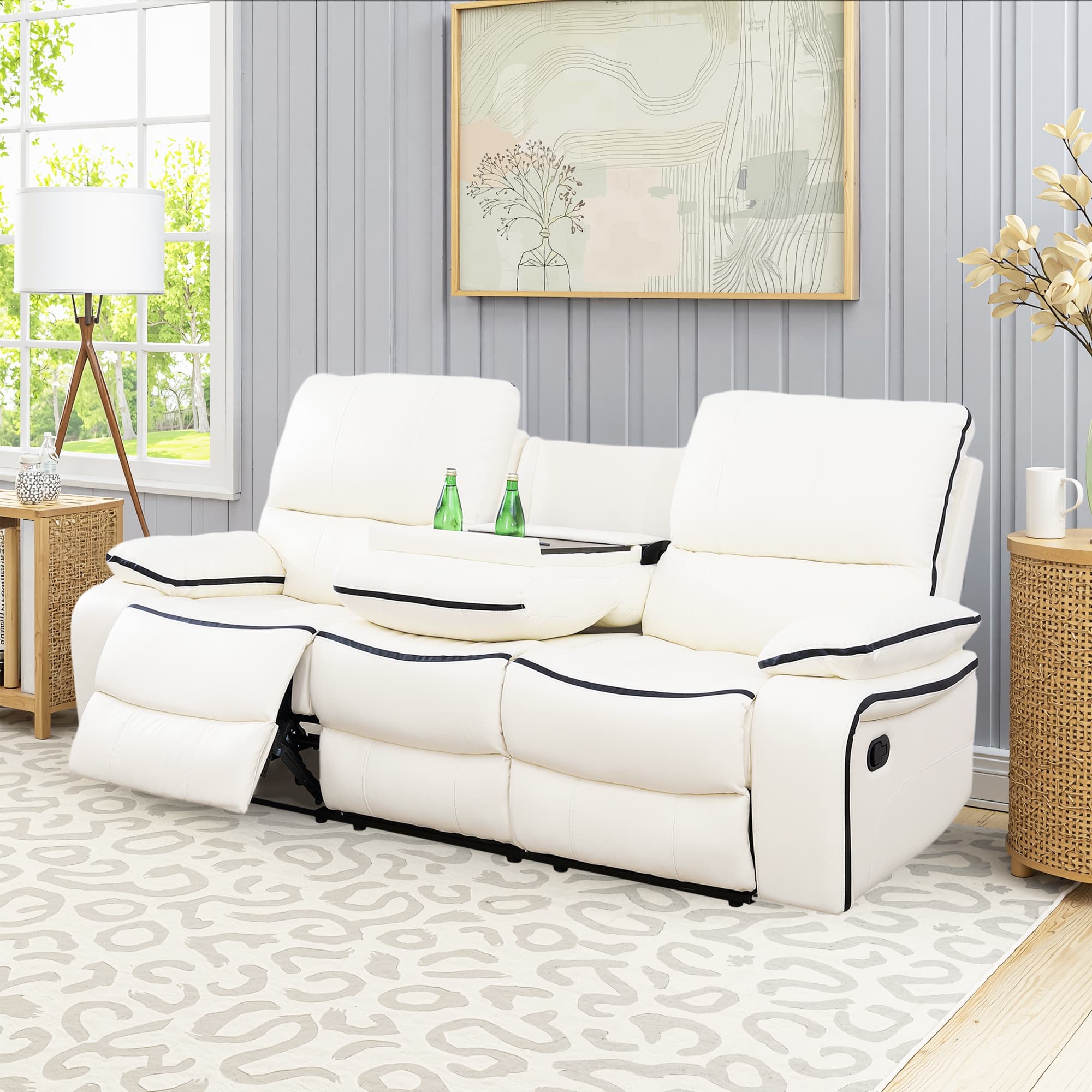 MAYEERTY Power Reclining Sofa, Electric 3-Seat Breathable Leather Recliner with Reversible Coffee Table for Living Room, White