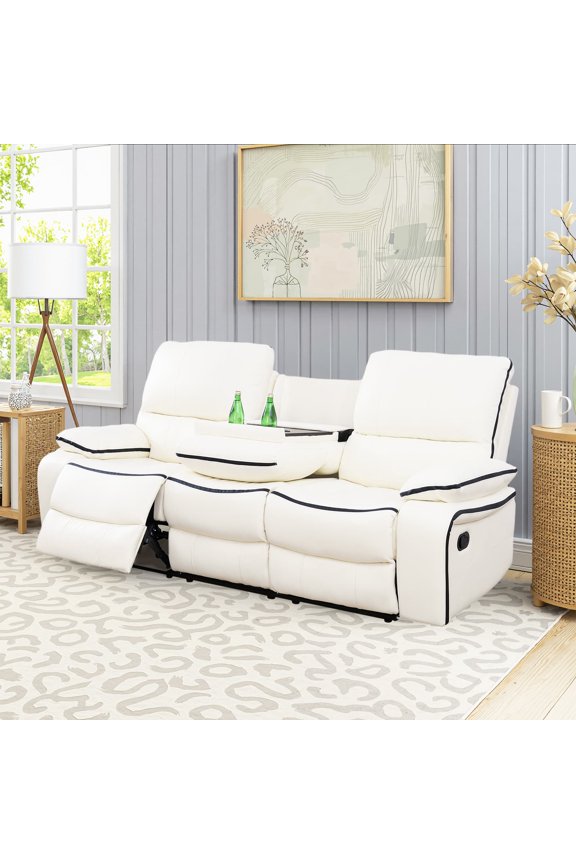 Power Reclining Sofa, Electric 3-Seat Breathable Leather Recliner with Reversible Coffee Table for Living Room, White