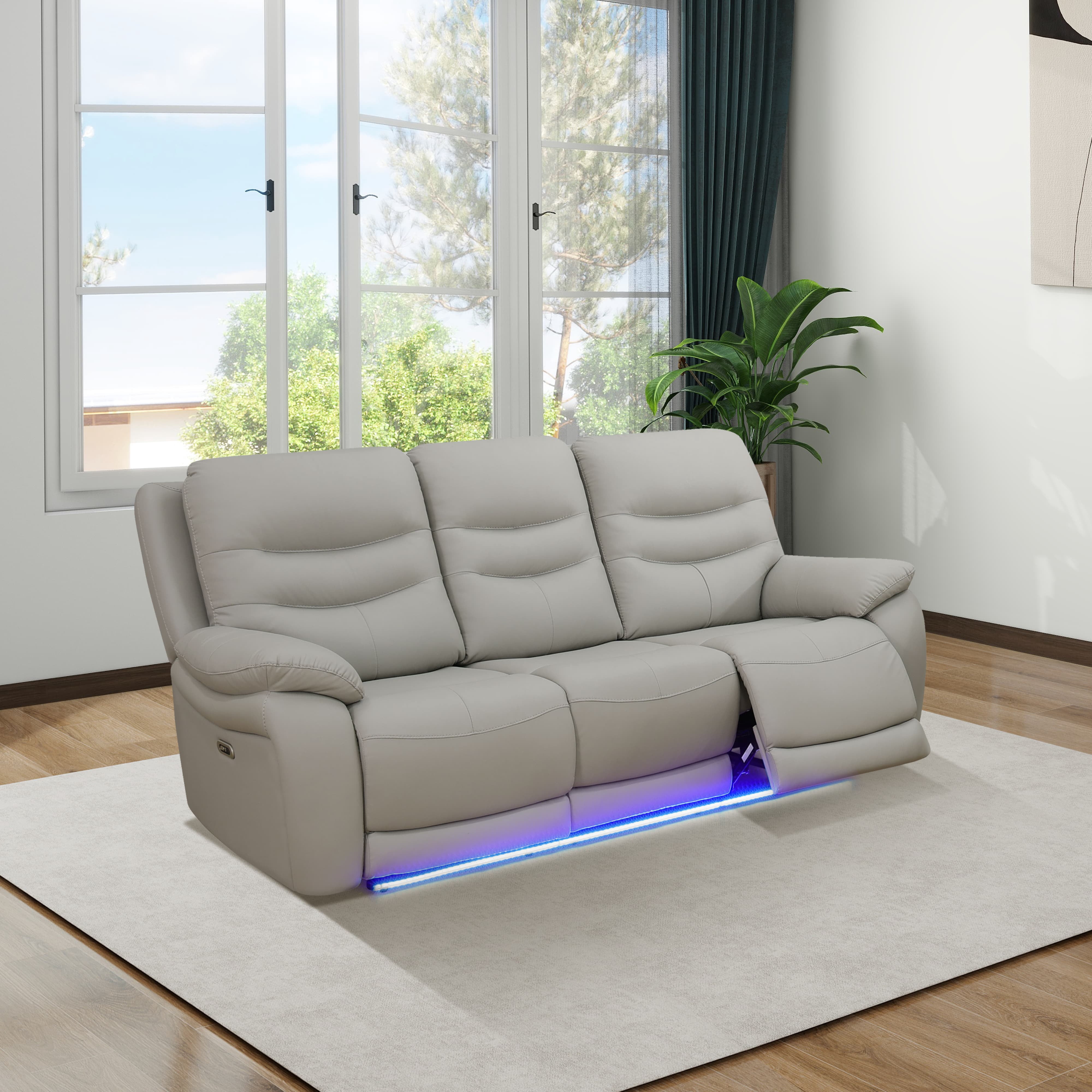 MAYEERTY Power Reclining Sofa, Electric 3-Seat Breathable Leather Recliner with USB Charging, LED Lighting for Living Room, Light Grey