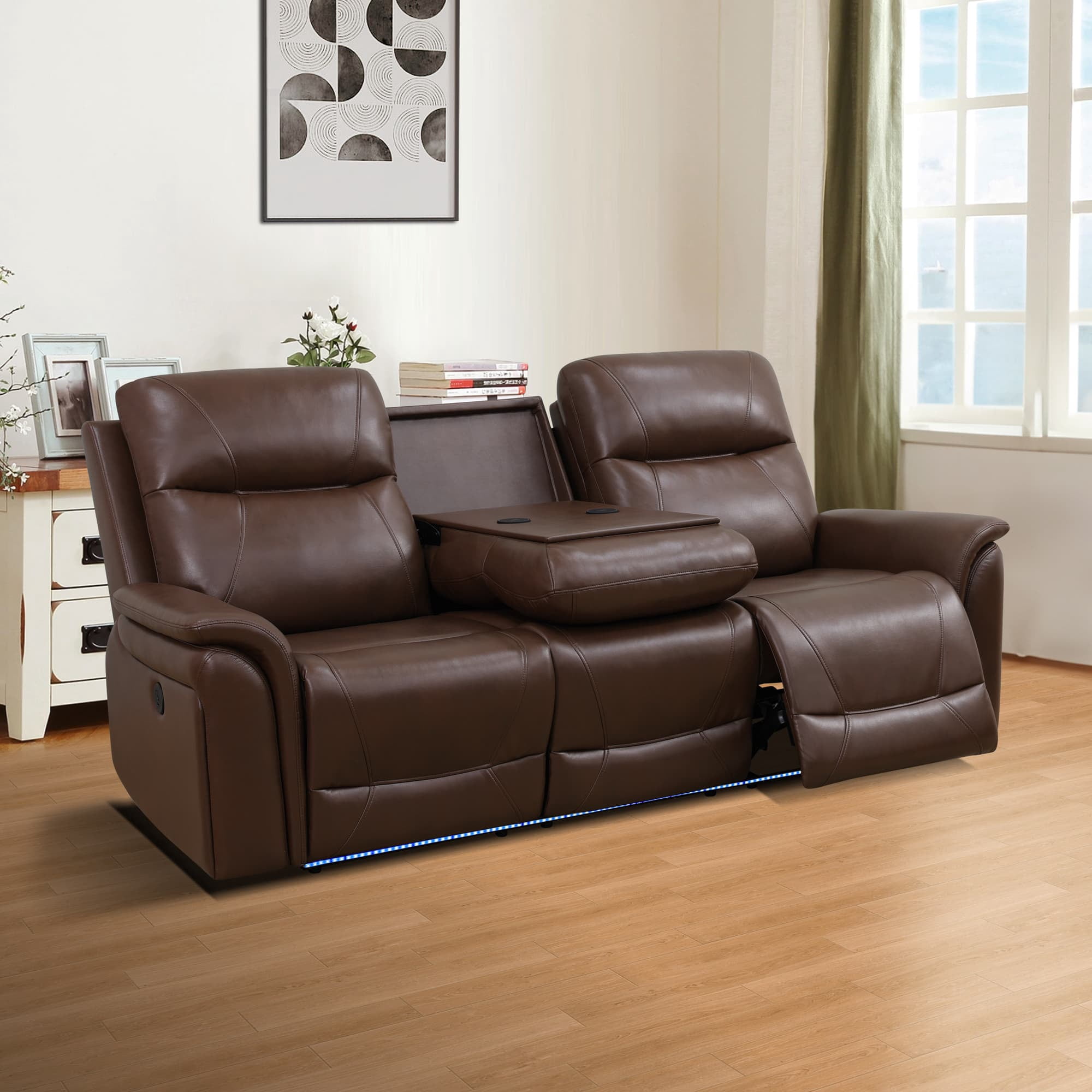 MAYEERTY Power Reclining Sofa, Electric 3-Seat Breathable Leather Recliner with USB Charging, Reversible Table & LED for Living Room, Reddish Brown
