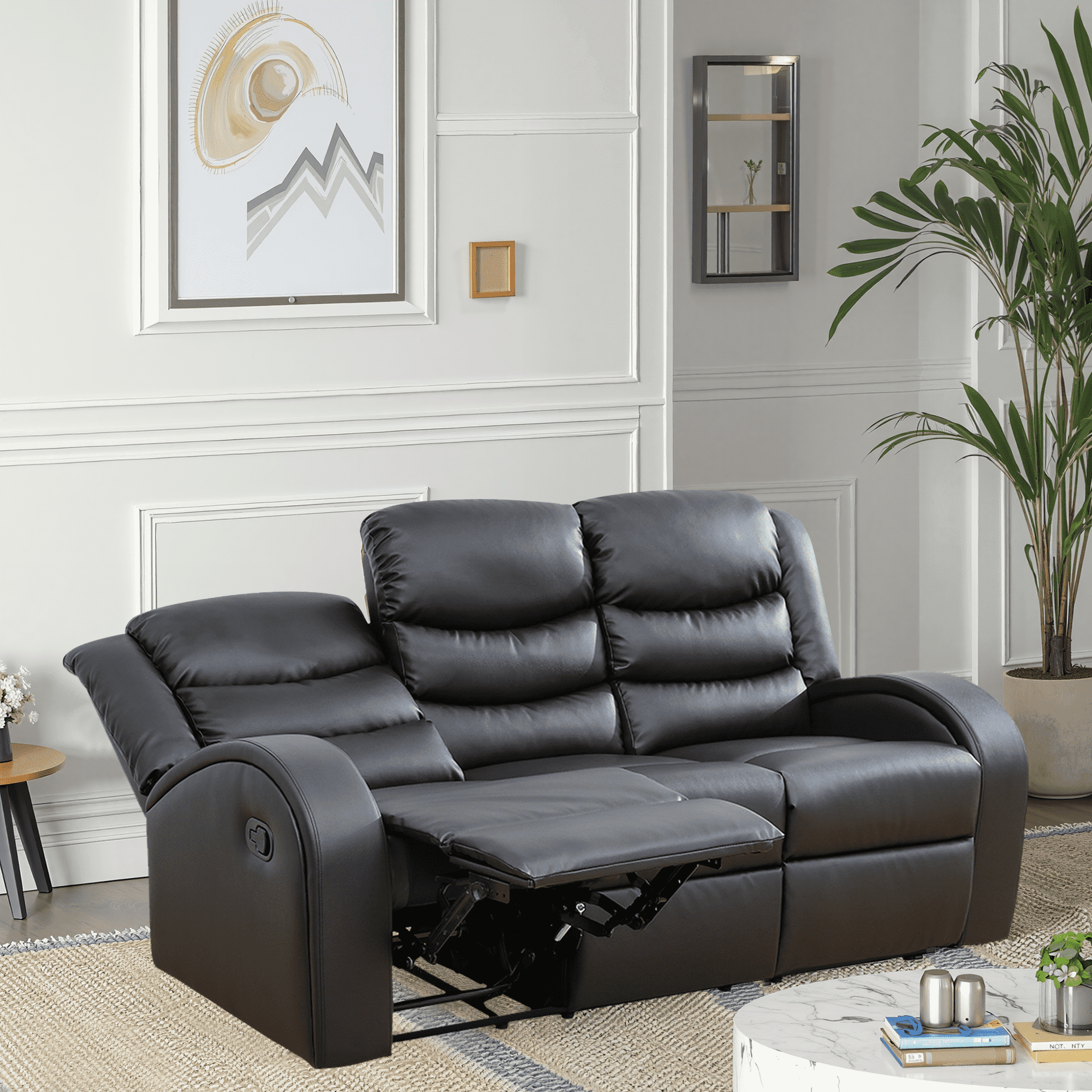 MAYEERTY Power Reclining Sofa, Electric 3-Seat Faux Leather Recliner with Adjustable Backrests for Living Room, Black