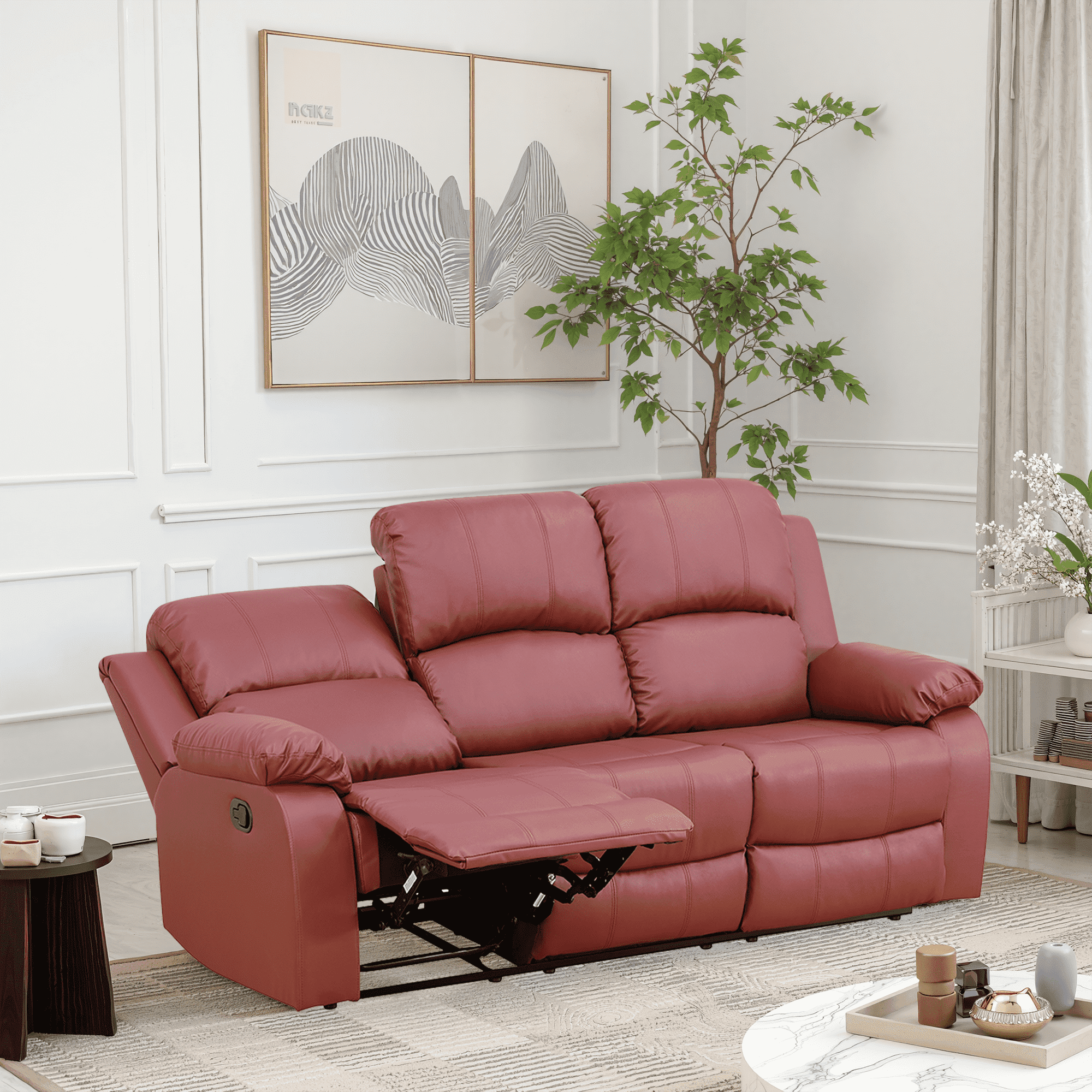 MAYEERTY Power Reclining Sofa, Electric 3-Seat Leather Recliner with Reversible Coffee Table for Living Room, Red