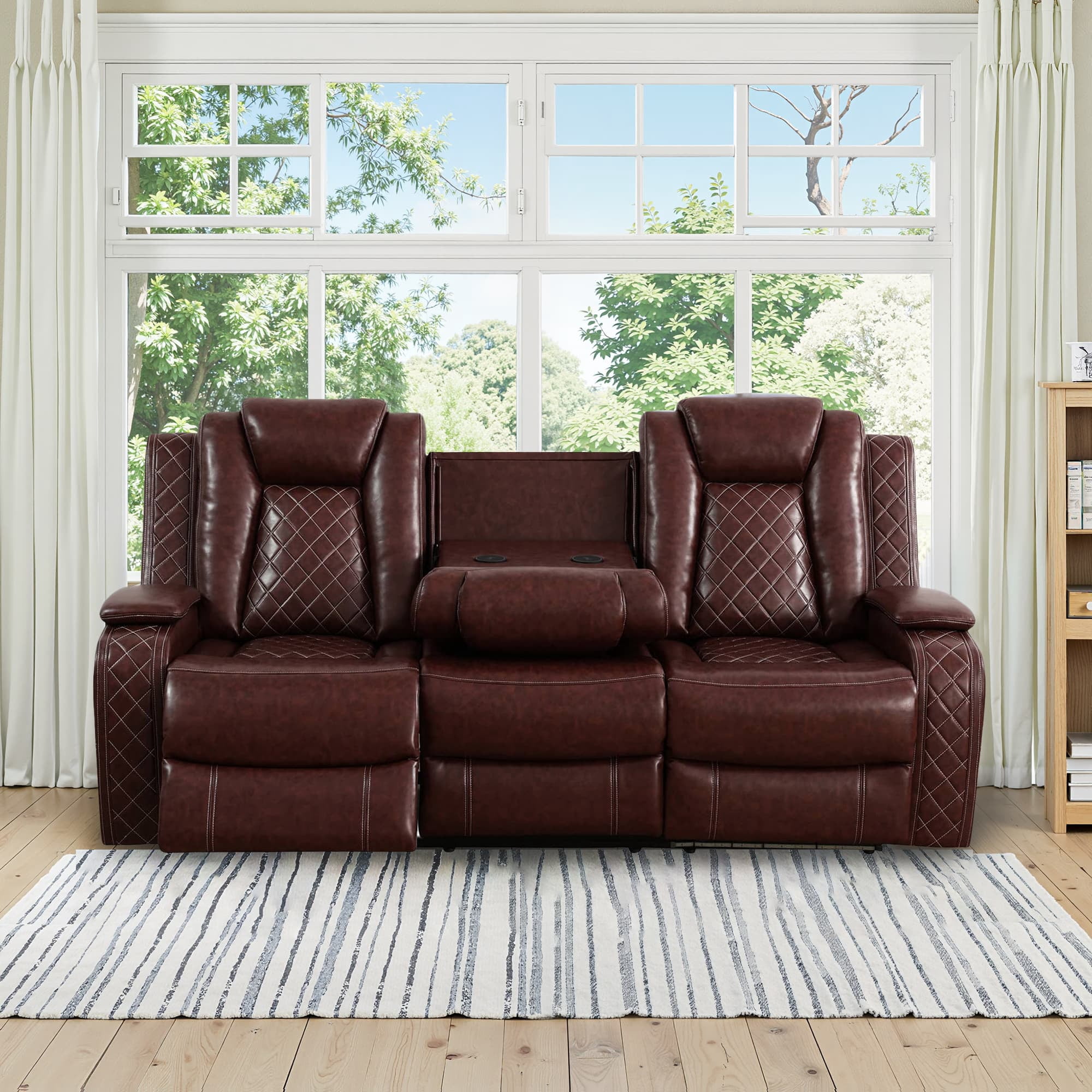 MAYEERTY Power Reclining Sofa, Electric 3-Seat Leather Recliner with USB Charging, Reversible Table & Ambient LED Lighting for Living Room, Brown
