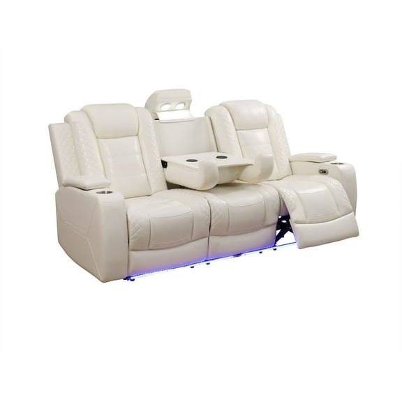 MAYEERTY Power Reclining Sofa, Electric 3-Seat Leather Recliner with USB Charging, Reversible Table & Ambient LED Lighting for Living Room, White