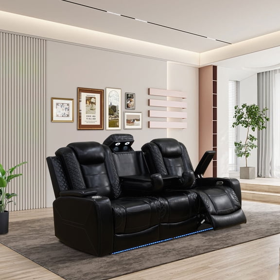 MAYEERTY Power Reclining Sofa, Electric 3-Seat Leather Recliner with USB Charging, Reversible Table & LED for Living Room, Black
