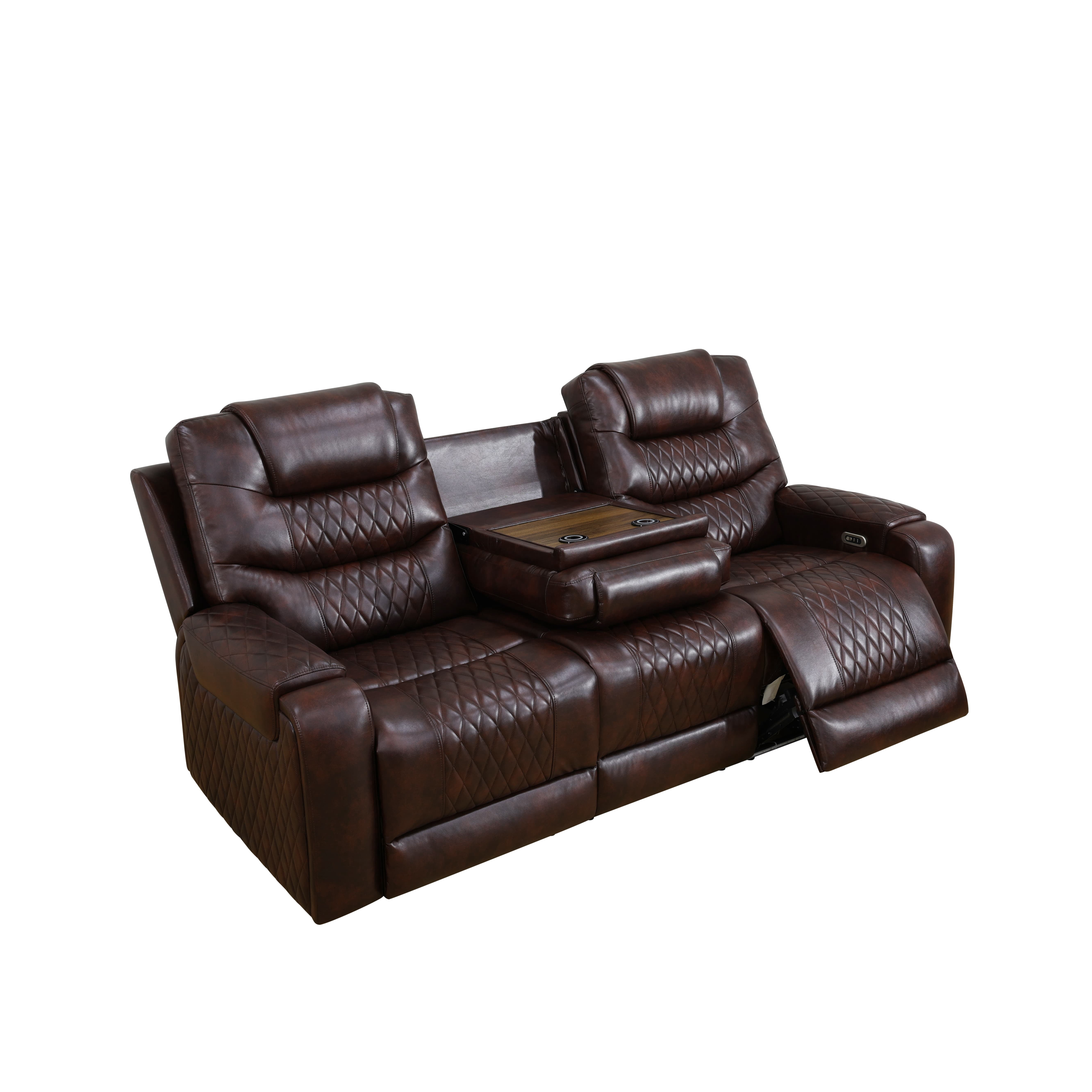 MAYEERTY Power Reclining Sofa, Electric 3-Seat Leather Recliner with USB Charging, Reversible Table & LED for Living Room, Brown