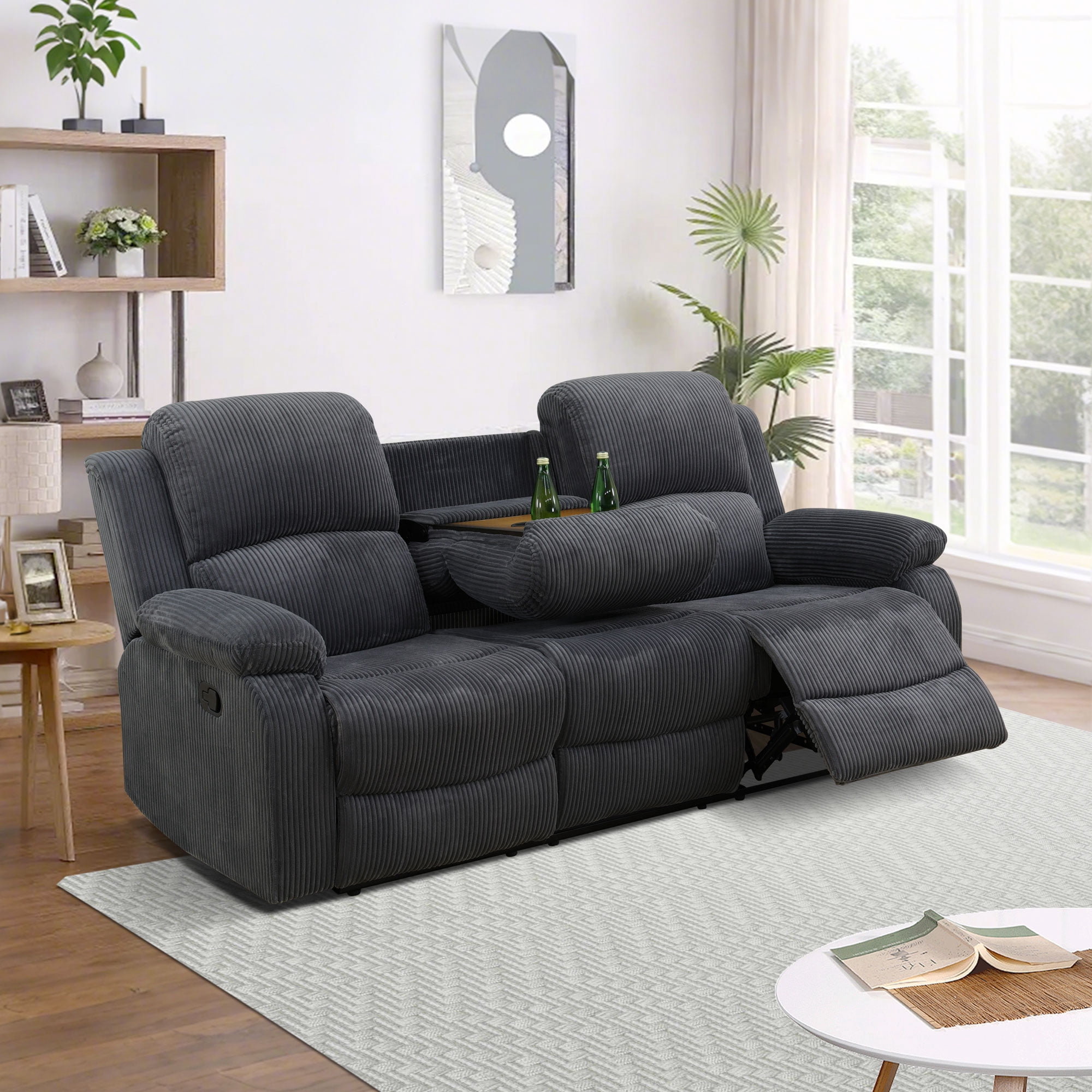 MAYEERTY Reclining Sofa, Manual 3-Seat Fabric Recliner with Reversible Coffee Table for Living Room, Dark Grey