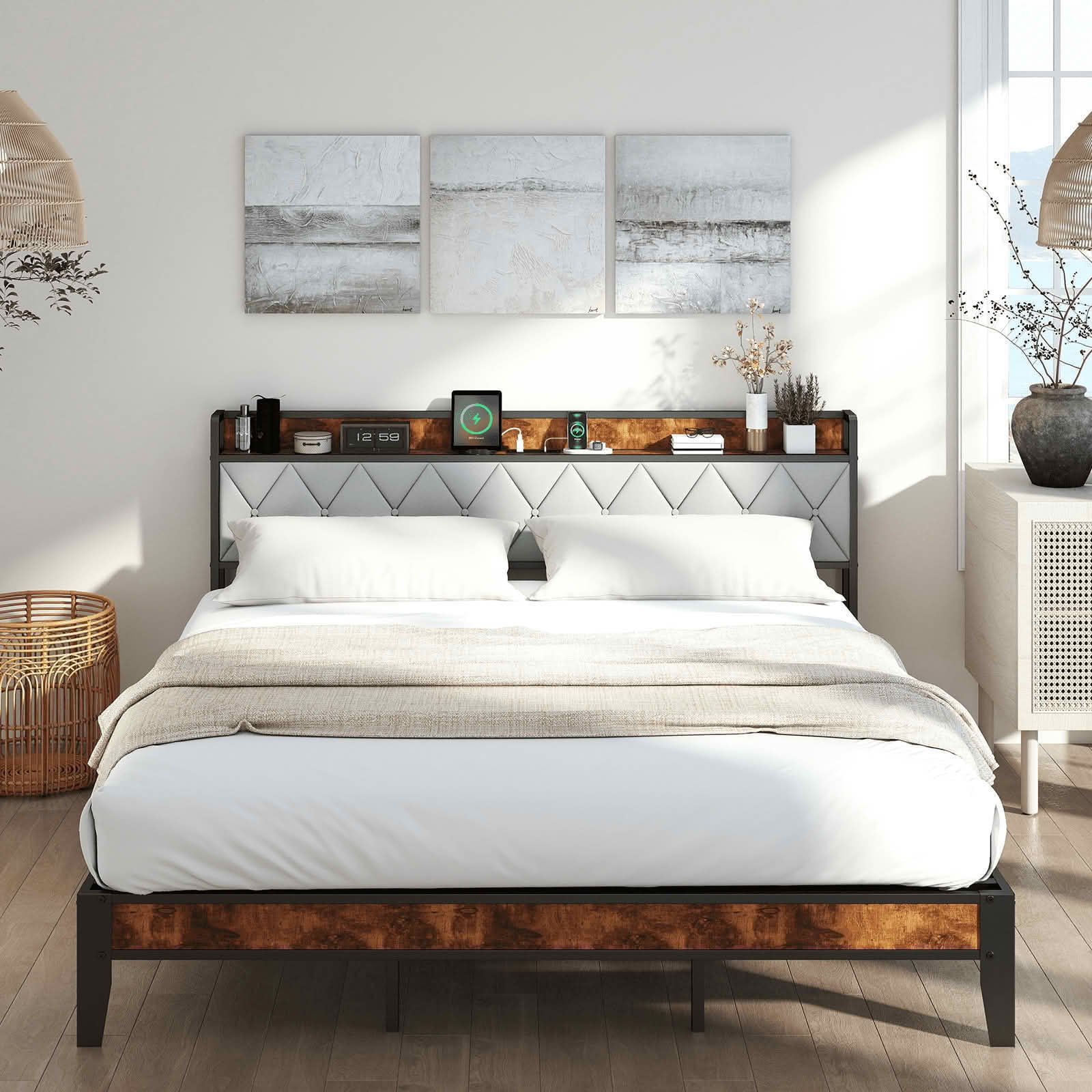 MAYEERTY Queen Size Iron Frame Bed with Soft-Padded Headboard Storage and Charging Port