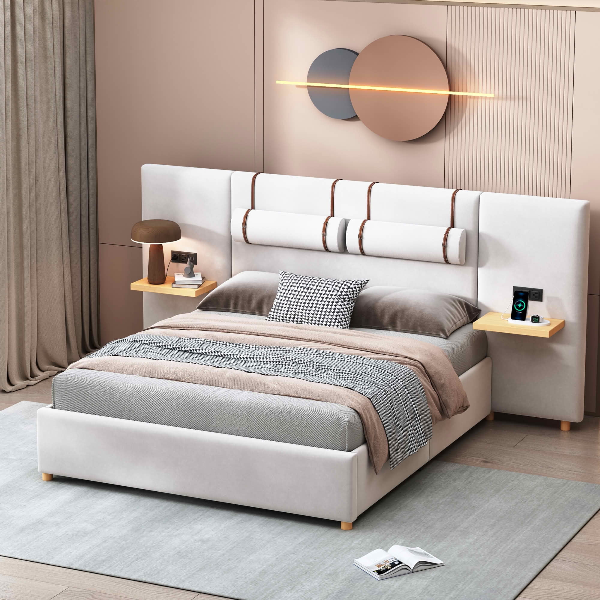 MAYEERTY Queen Size Upholstered Platform Bed, Two Outlets and USB Charging Ports on Both Sides, Two Bedside Pillows, Storage Shelves, Velvet, Beige