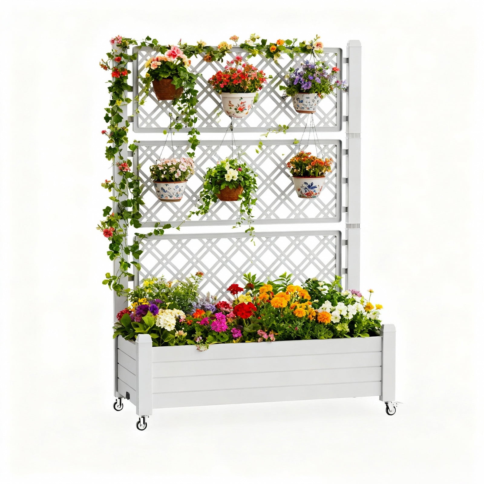 MAYEERTY Raised Garden Bed with Trellis Wheel, Freestanding Planter Box with Built-In Water Storage for Climbing Plants Vegetables Flowers Garden Yard