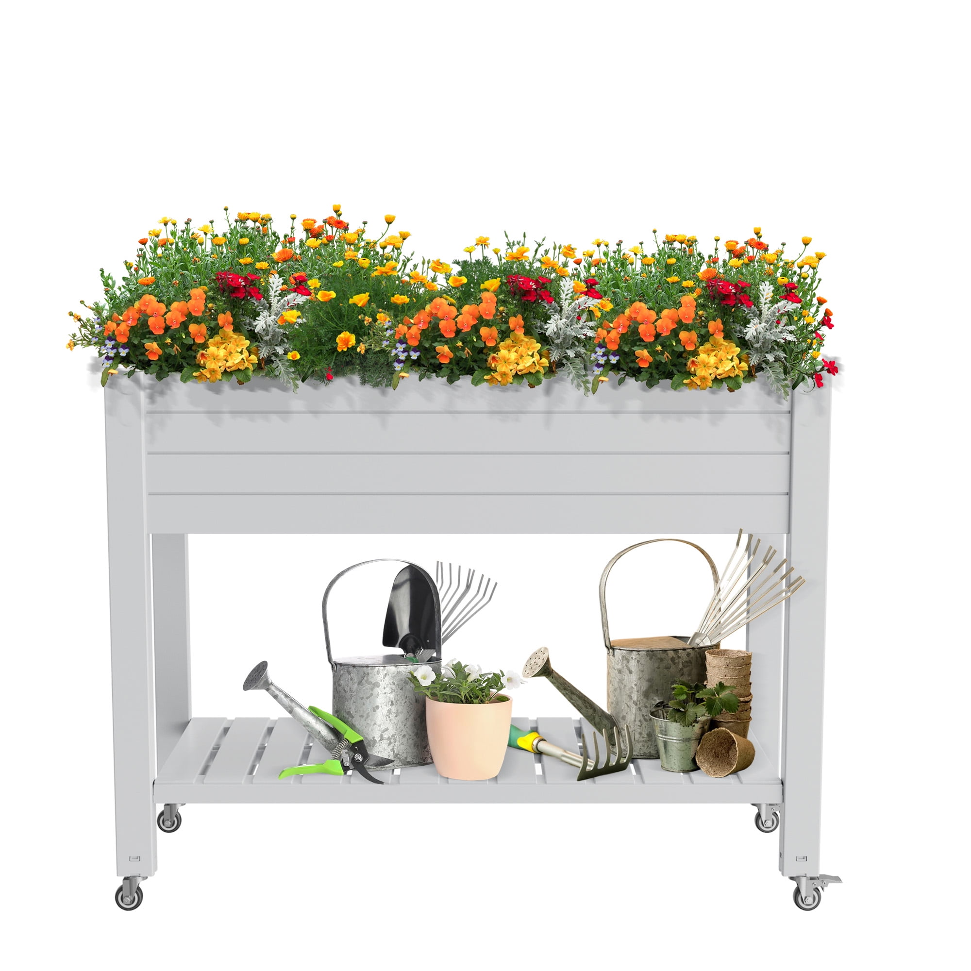 MAYEERTY Raised Garden Bed with Wheels & Lower Shelf, Built-In Water Storage for Patio Balcony Garden