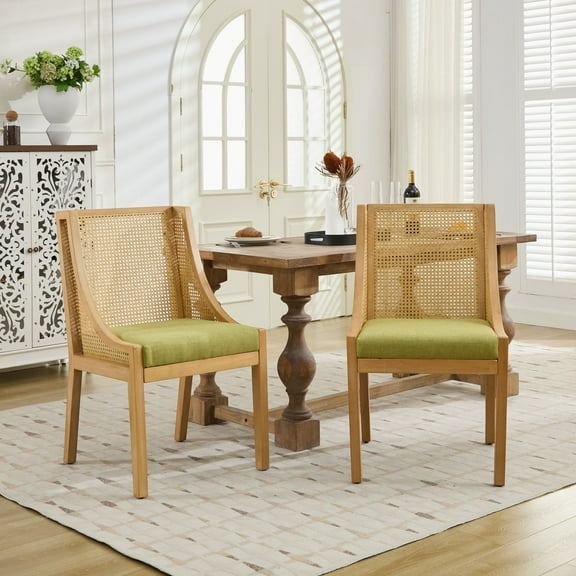 MAYEERTY Rattan Dining Chair - Solid Wood Frame, Decorative Armrests, Linen Seat, Rustic Style, Natural Finish, Olive Green, Single Pack