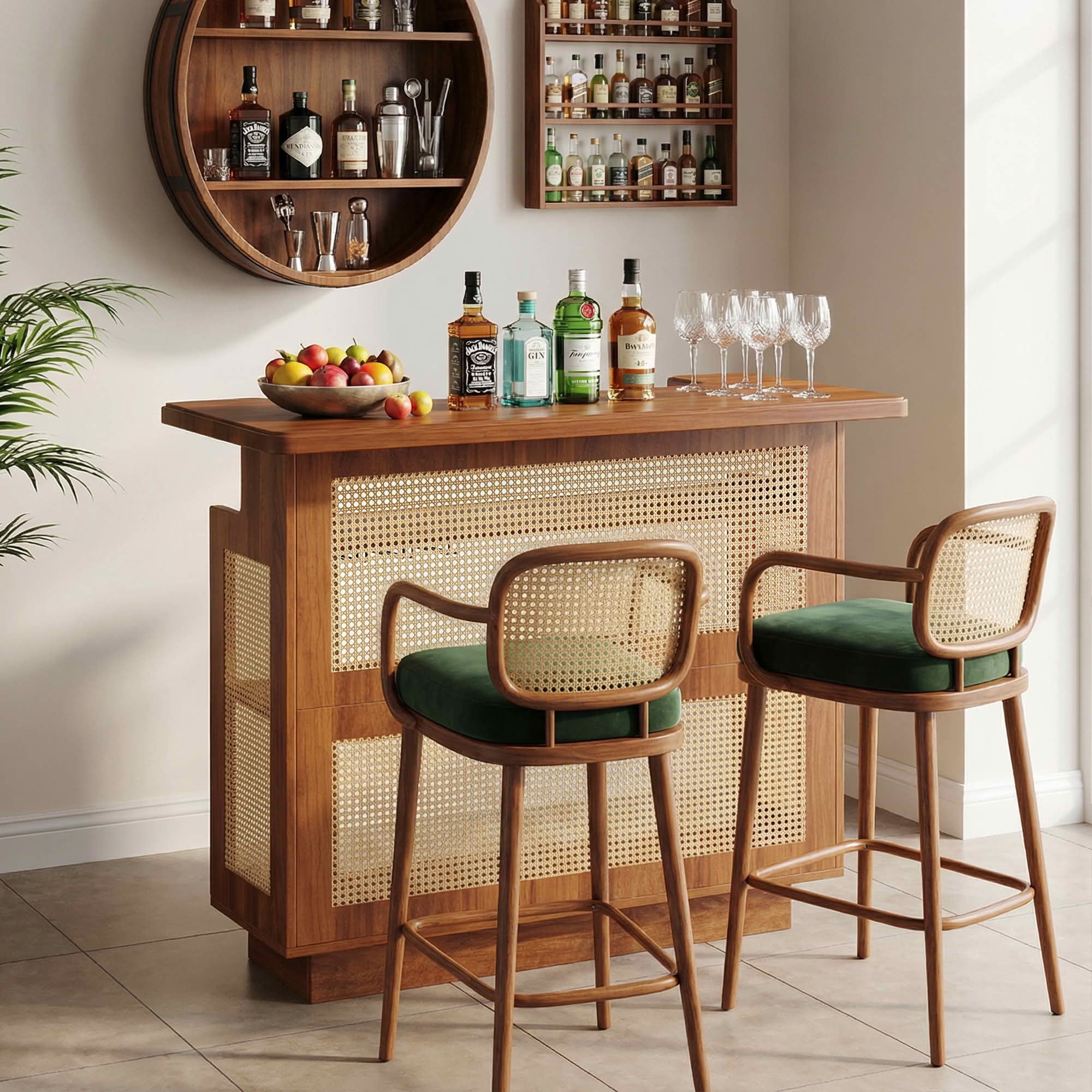 MAYEERTY Rattan Home Bar Unit, 4 Tier Liquor Wine Bar Cabinet with Stemware Racks, Farmhouse Brown Beverage Storage Cabinet for Living Room Basement