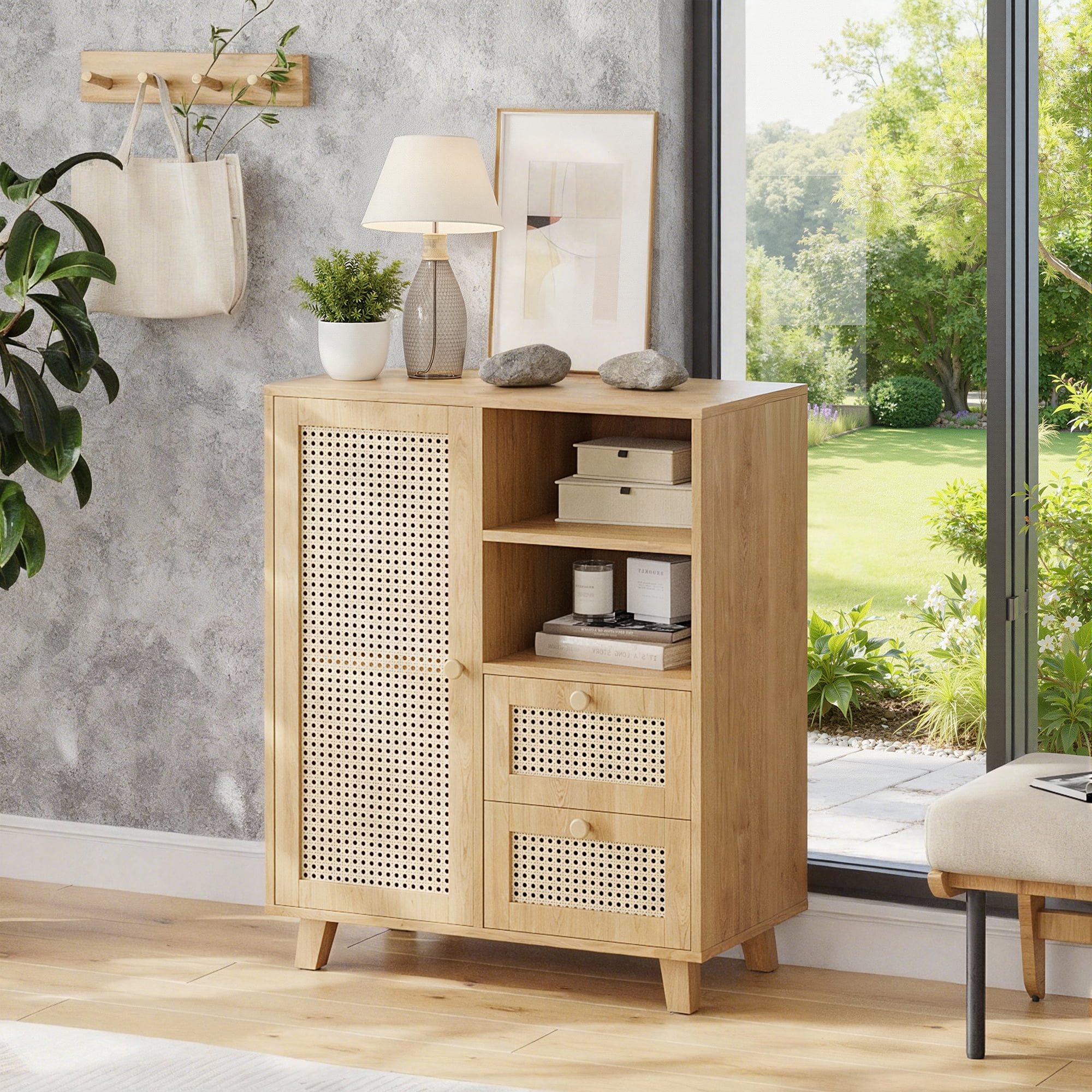 MAYEERTY Rattan Sideboard Cabinet with Drawers & Adjustable Shelf, Versatile Storage for Kitchen & Entryway, Natural