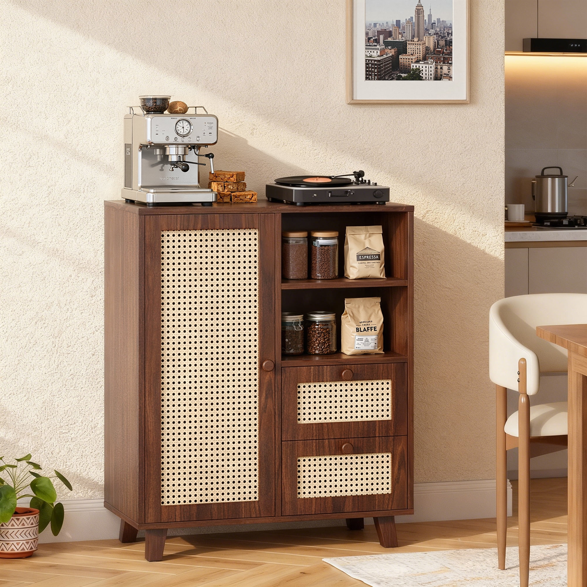 MAYEERTY Rattan Sideboard Cabinet with Drawers & Adjustable Shelf, Versatile Storage for Kitchen & Entryway, Walnut