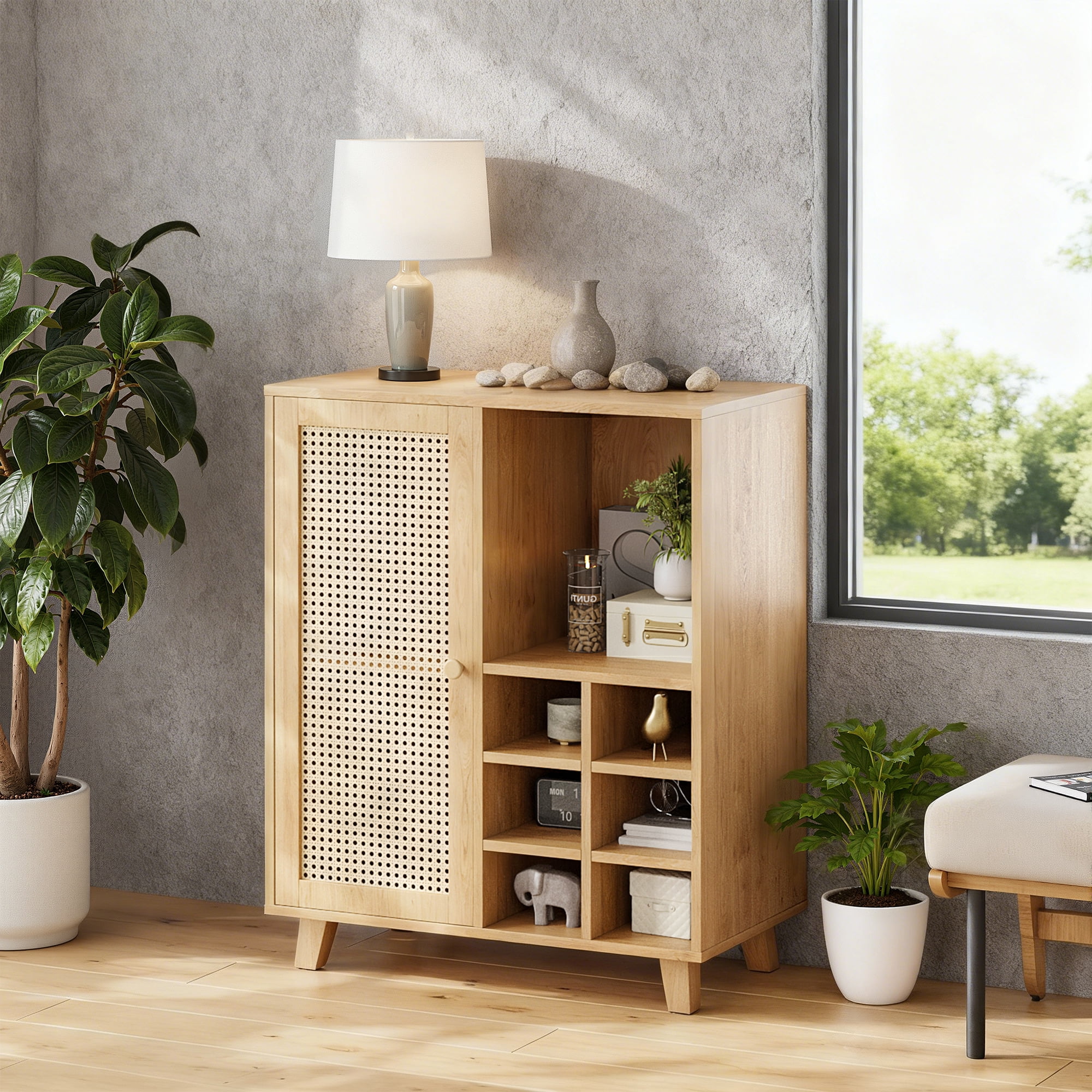 MAYEERTY Rattan Sideboard Cabinet with Wine Racks, Versatile Storage for Kitchen & Entryway, Natural