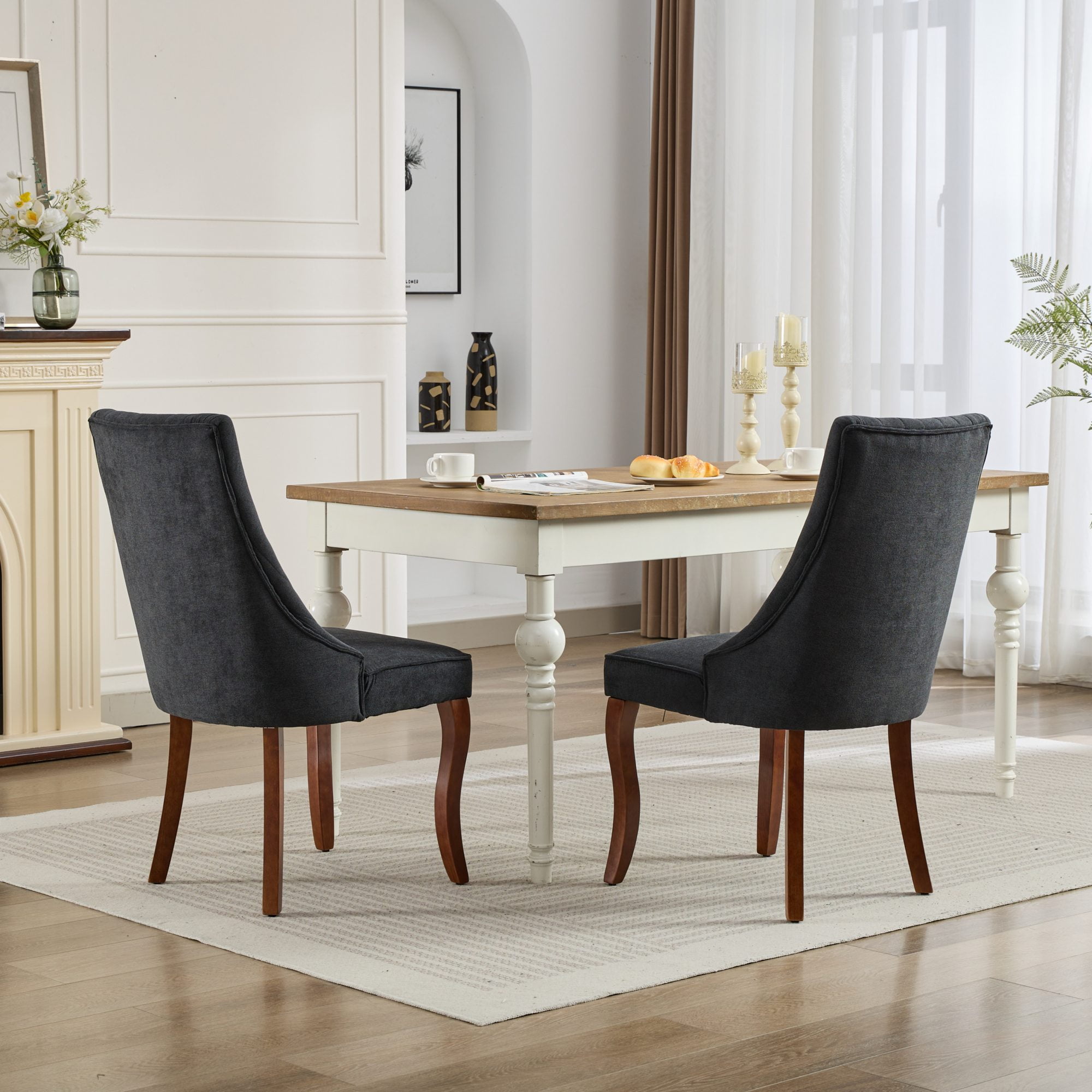 MAYEERTY Rayon Flocking Linen Dining Chairs - Channel Tufting, Curved Solid Wood Legs, Black, Set of 2