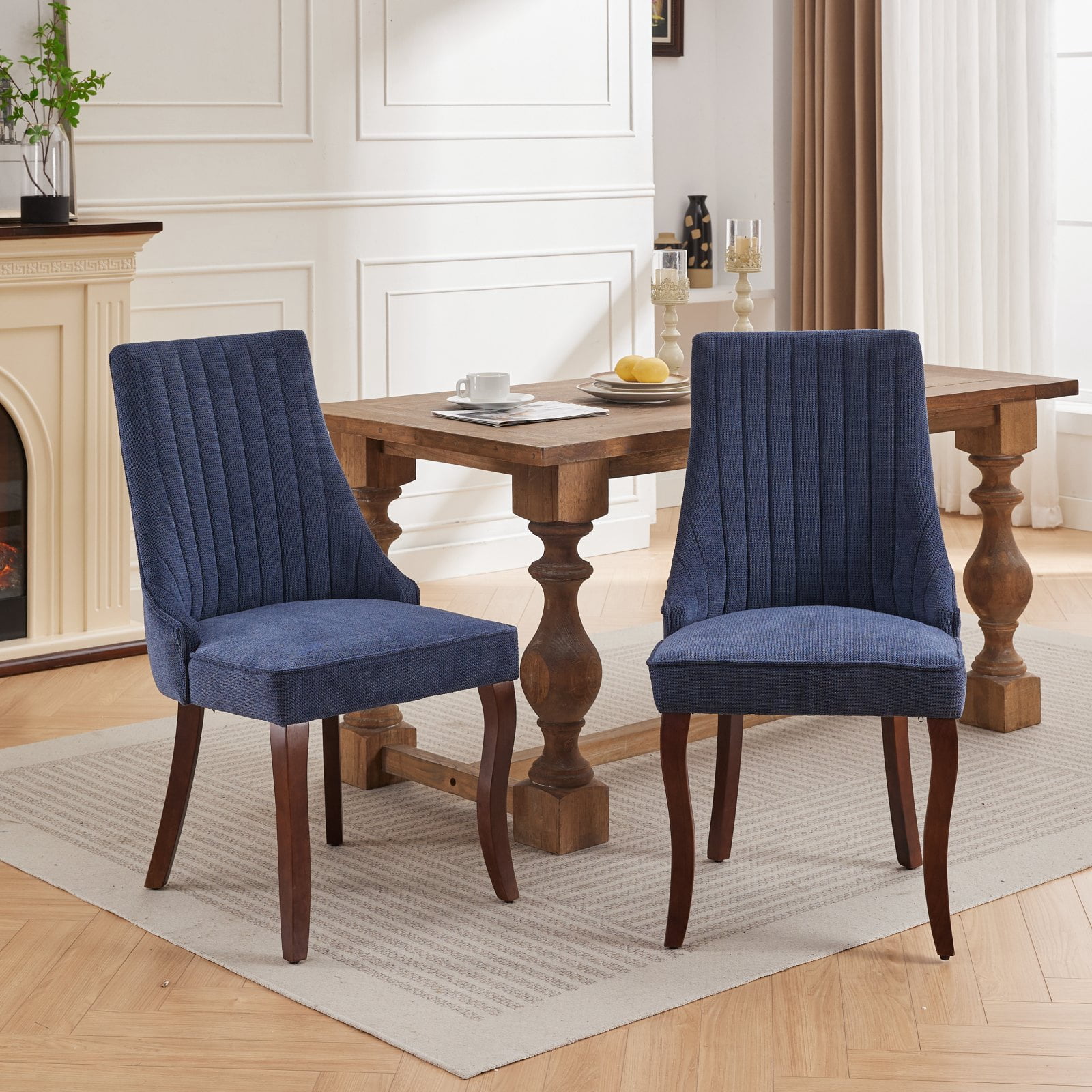MAYEERTY Rayon Flocking Linen Dining Chairs - Channel Tufting, Curved Solid Wood Legs, Blue, Set of 2