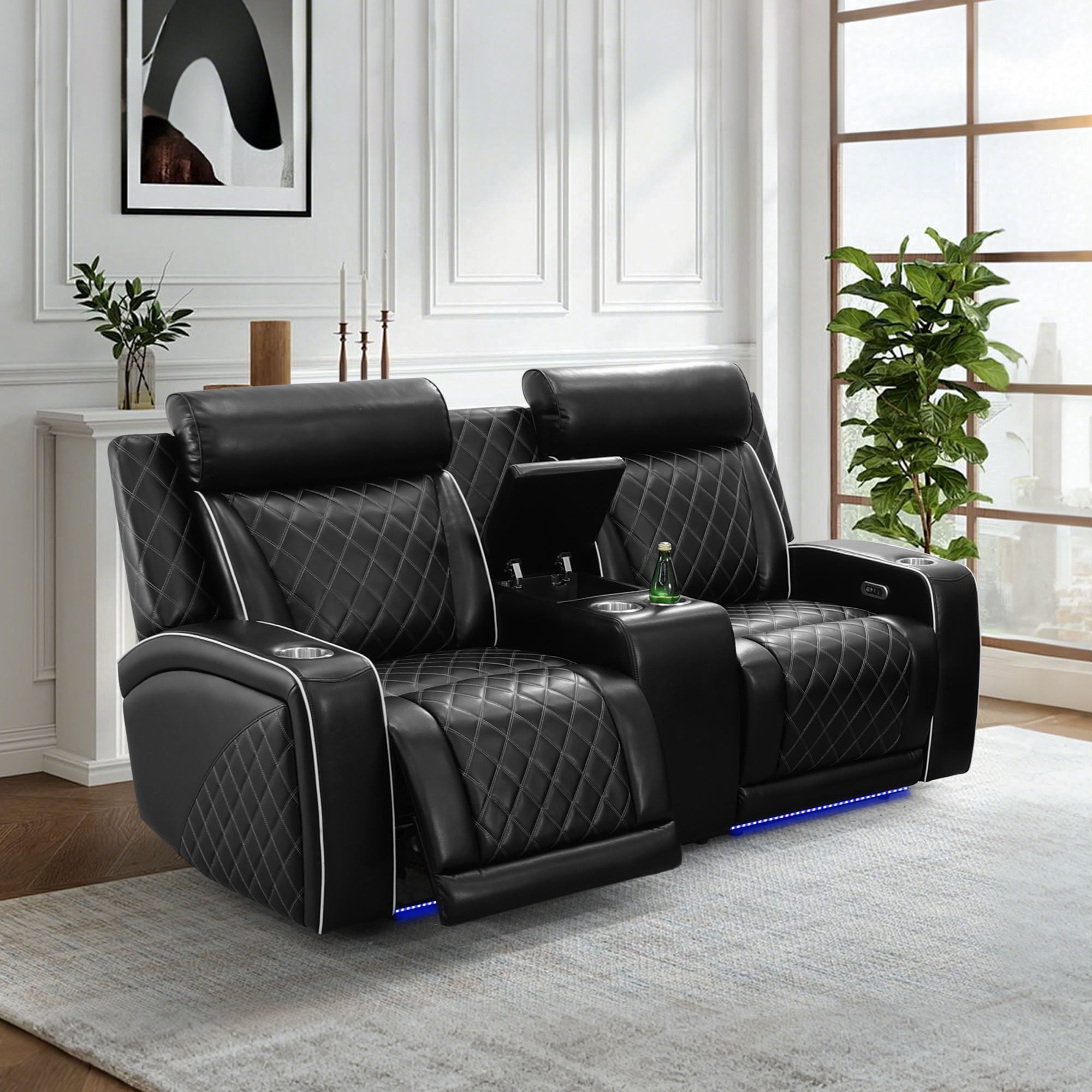 MAYEERTY Recliner Loveseat, 2-Seater Leather Recliner with LED Lights, USB Charger, Cup Holders & Storage, for Living Room, Family Use