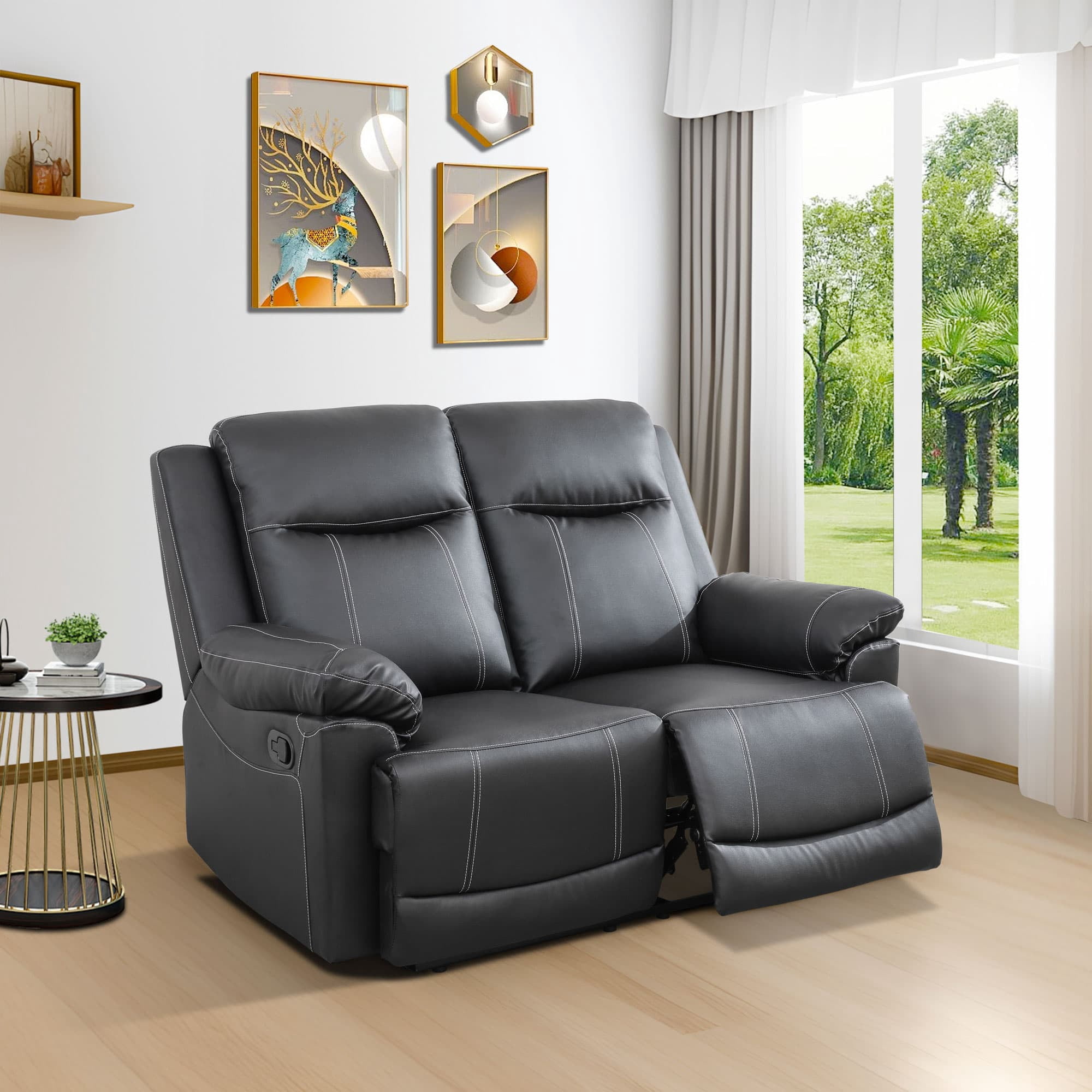 MAYEERTY Reclining Loveseat, 2-Seat Breathable Semi-PU Leather Recliner with Adjustable Backrests for Living Room, Black
