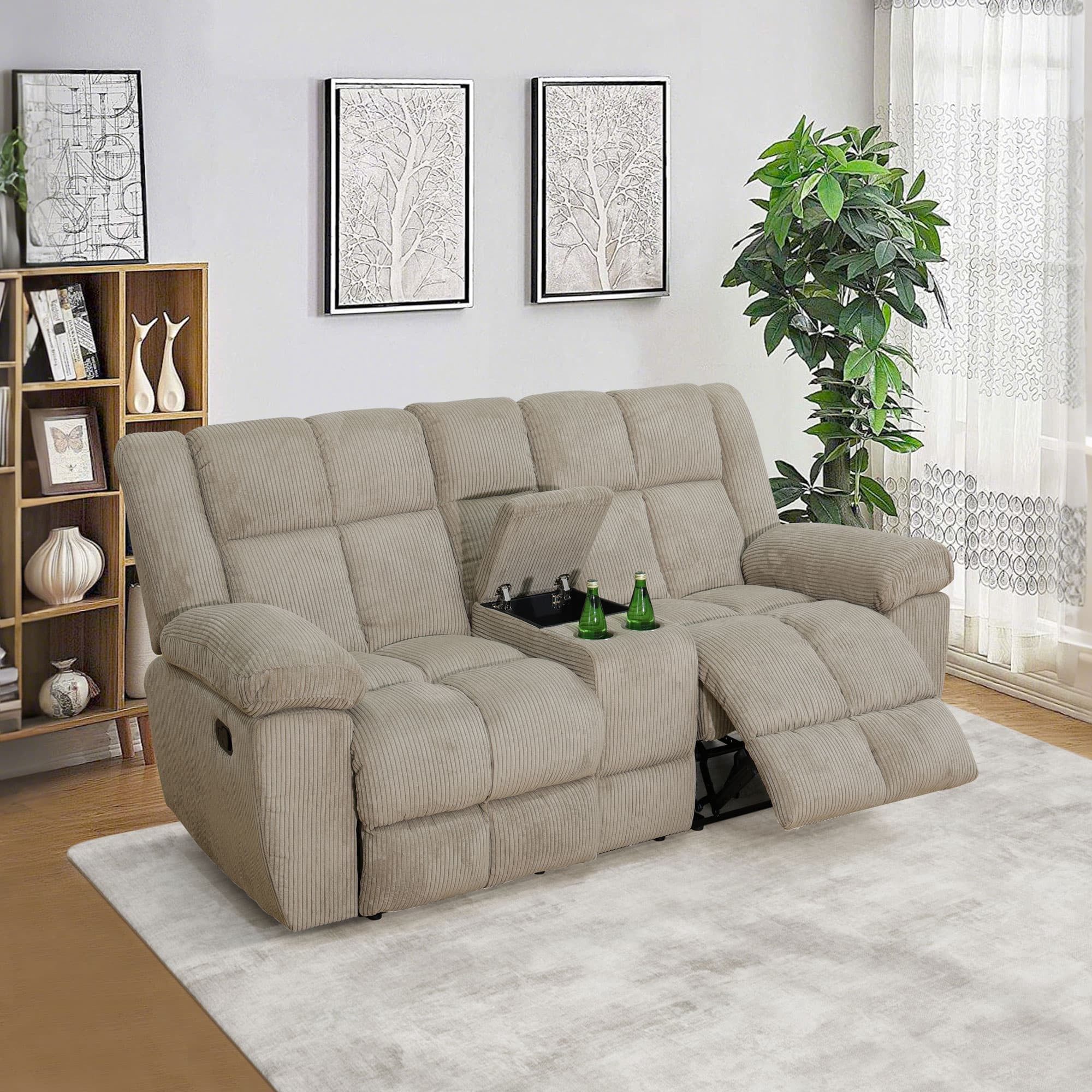 MAYEERTY Reclining Loveseat, 2-Seat Corduroy Fabric Recliner with Storage & Cup Holders for Living Room, Beige