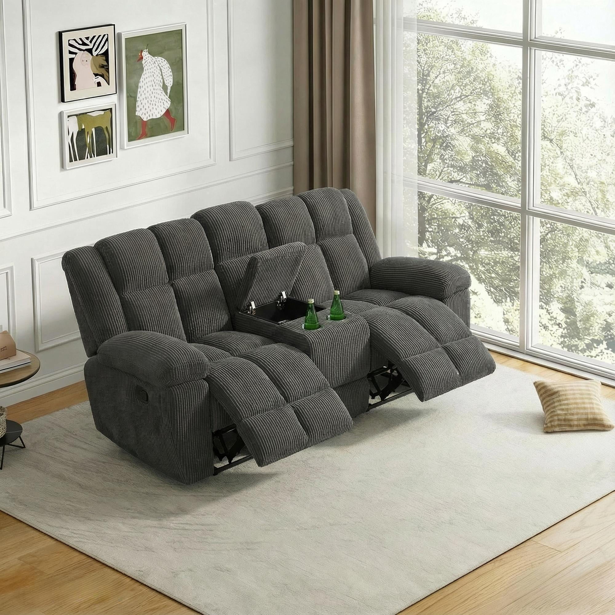MAYEERTY Reclining Loveseat, 2-Seat Corduroy Fabric Recliner with Storage & Cup Holders for Living Room, Dark Gray