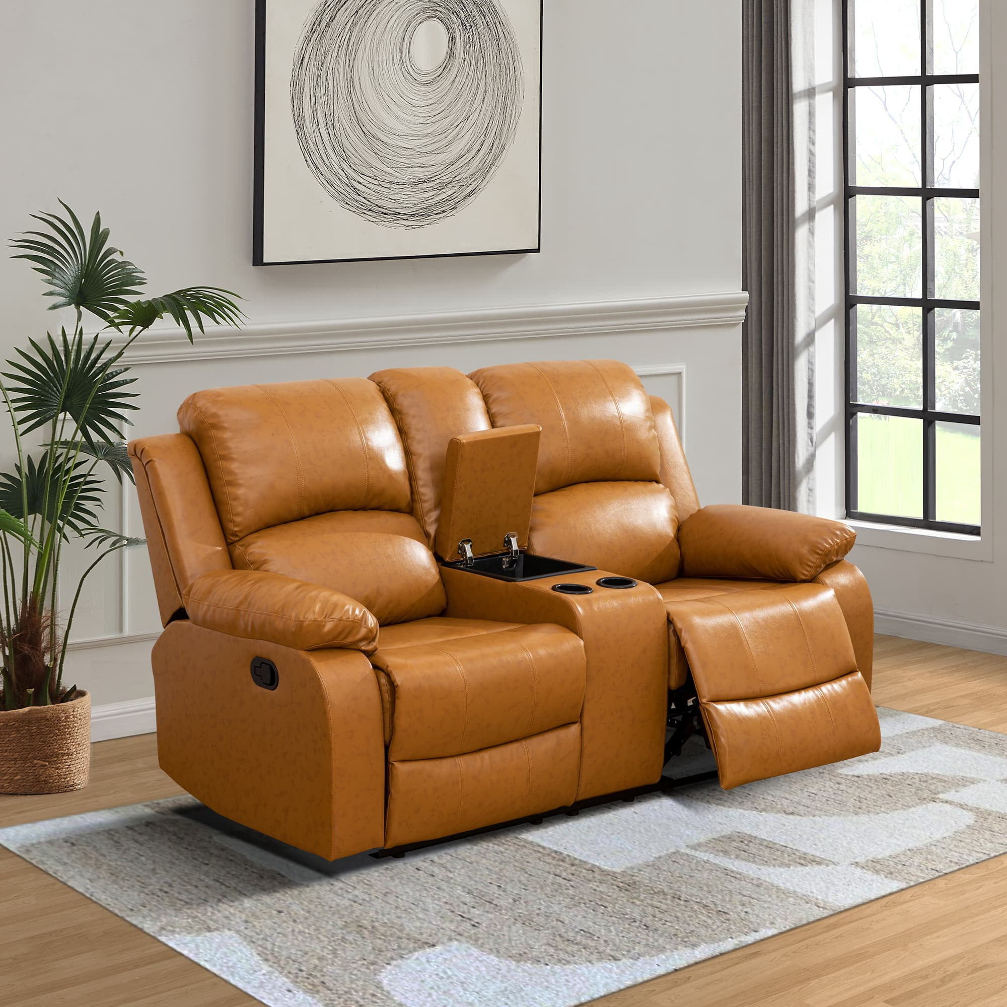 MAYEERTY Reclining Loveseat, 2-Seat Wear-Resistant Fabric Recliner with Storage & Cup Holders for Living Room, Ginger