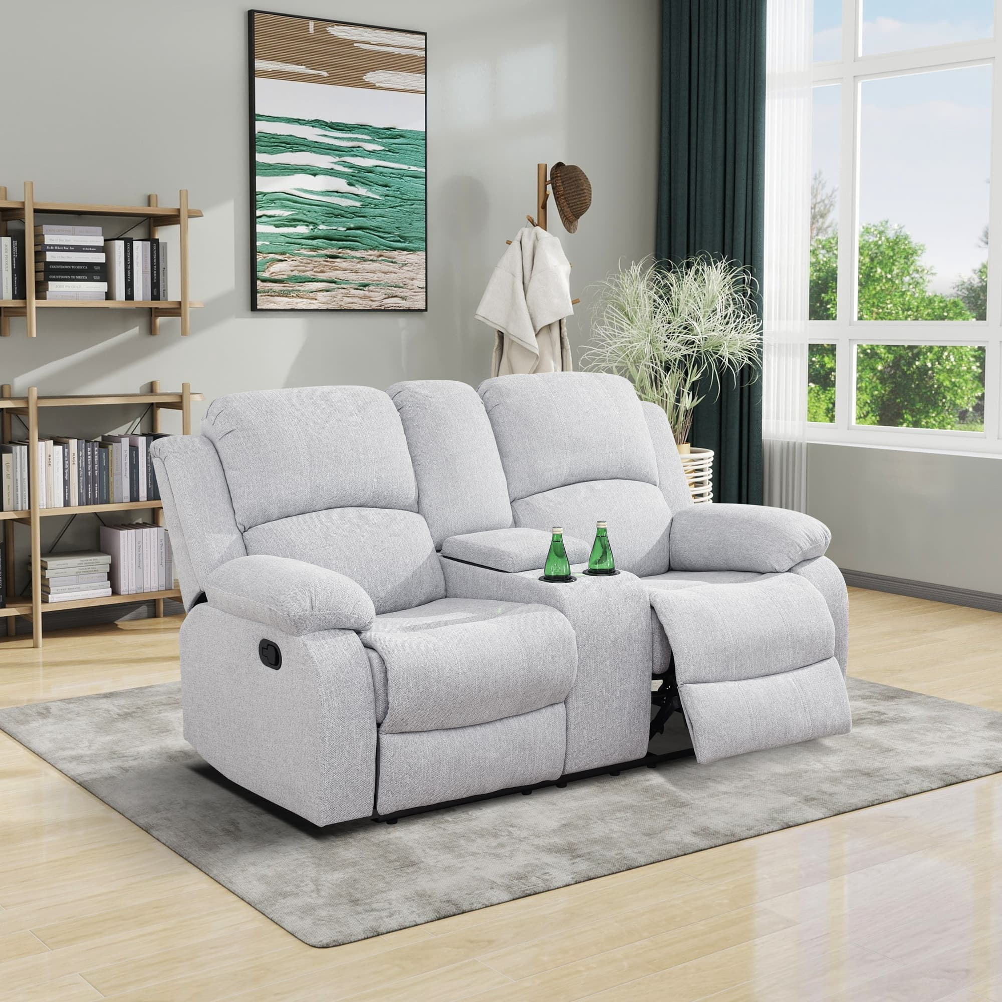 MAYEERTY Reclining Loveseat, 2-Seat Wear-Resistant Fabric Recliner with Storage & Cup Holders for Living Room, Grey
