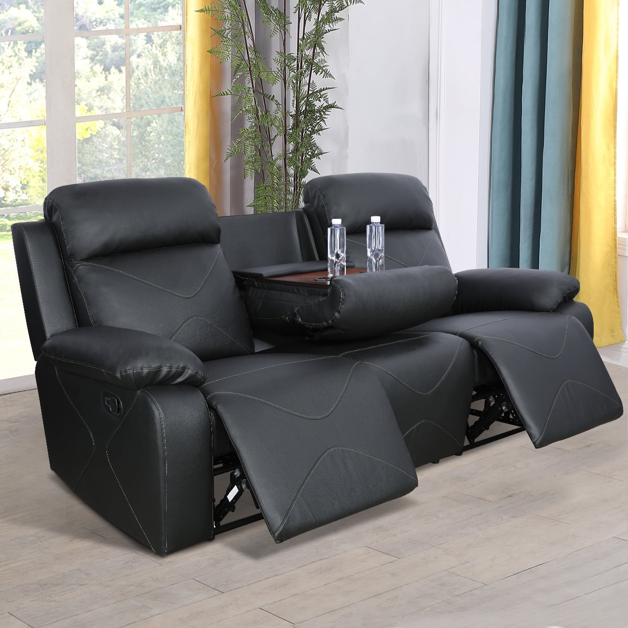 MAYEERTY Reclining Sofa, 3-Seat Breathable Leather Recliner with Reversible Coffee Table for Living Room, Black