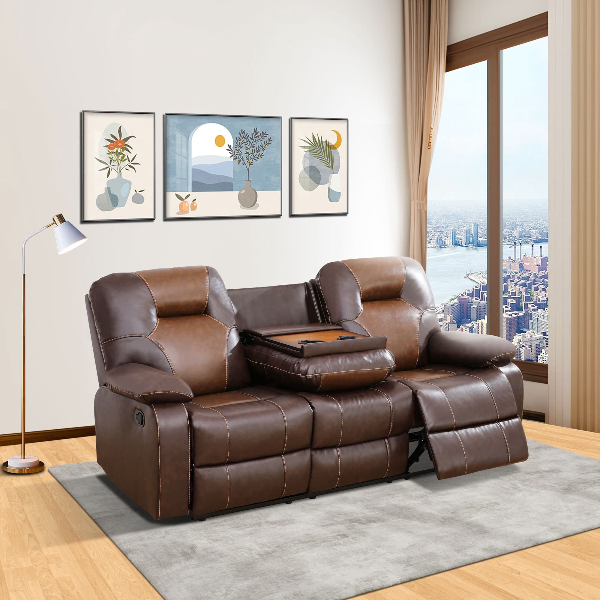 MAYEERTY Reclining Sofa, 3-Seat Breathable Leather Recliner with Reversible Coffee Table for Living Room, Brown
