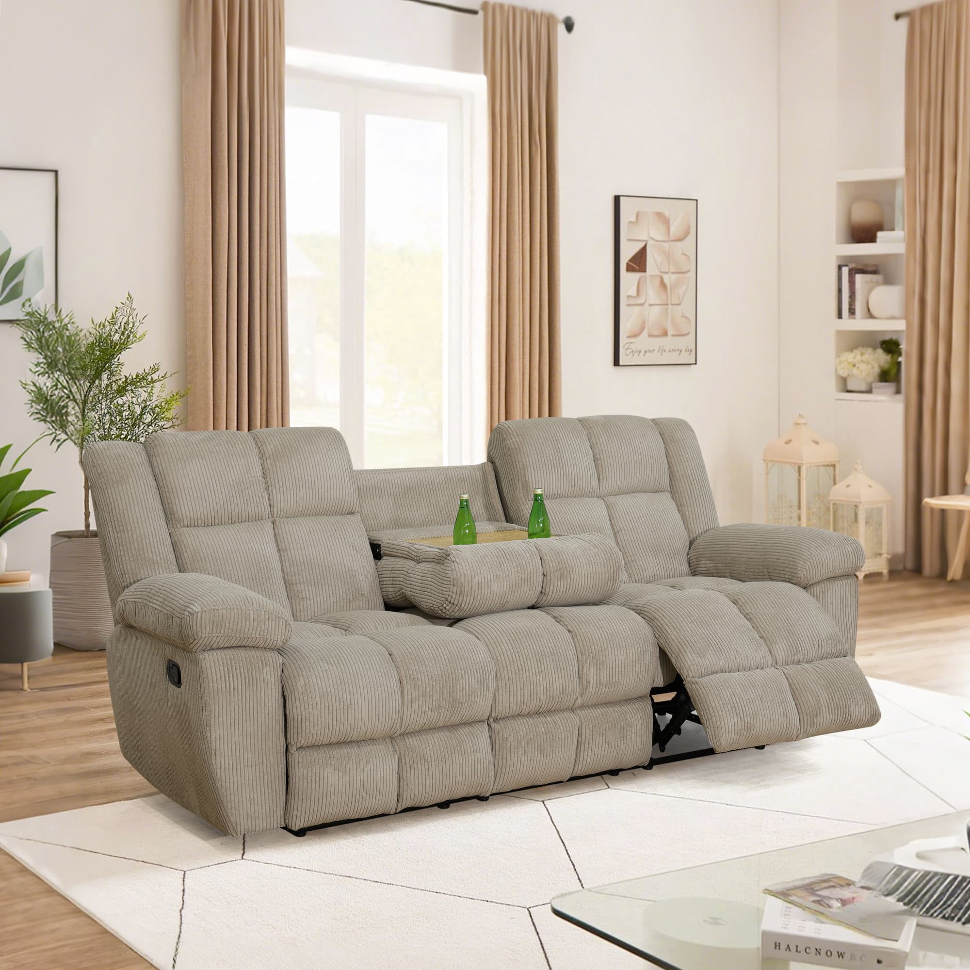 MAYEERTY Reclining Sofa, 3-Seat Corduroy Fabric Recliner with Adjustable Backrests for Living Room, Beige