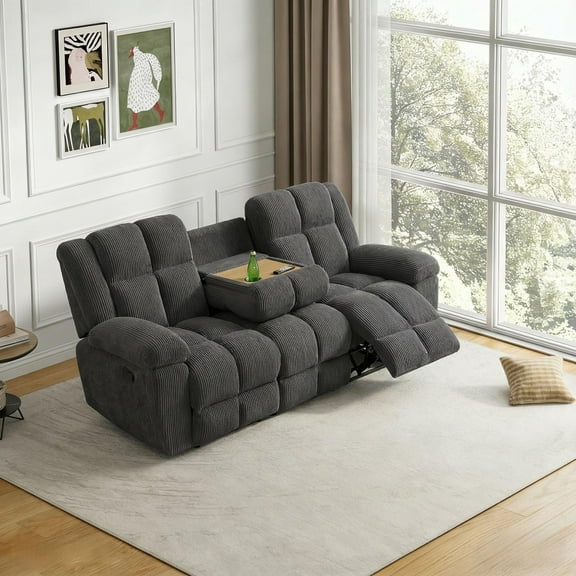 MAYEERTY Reclining Sofa, 3-Seat Corduroy Fabric Recliner with Adjustable Backrests for Living Room, Dark Gray