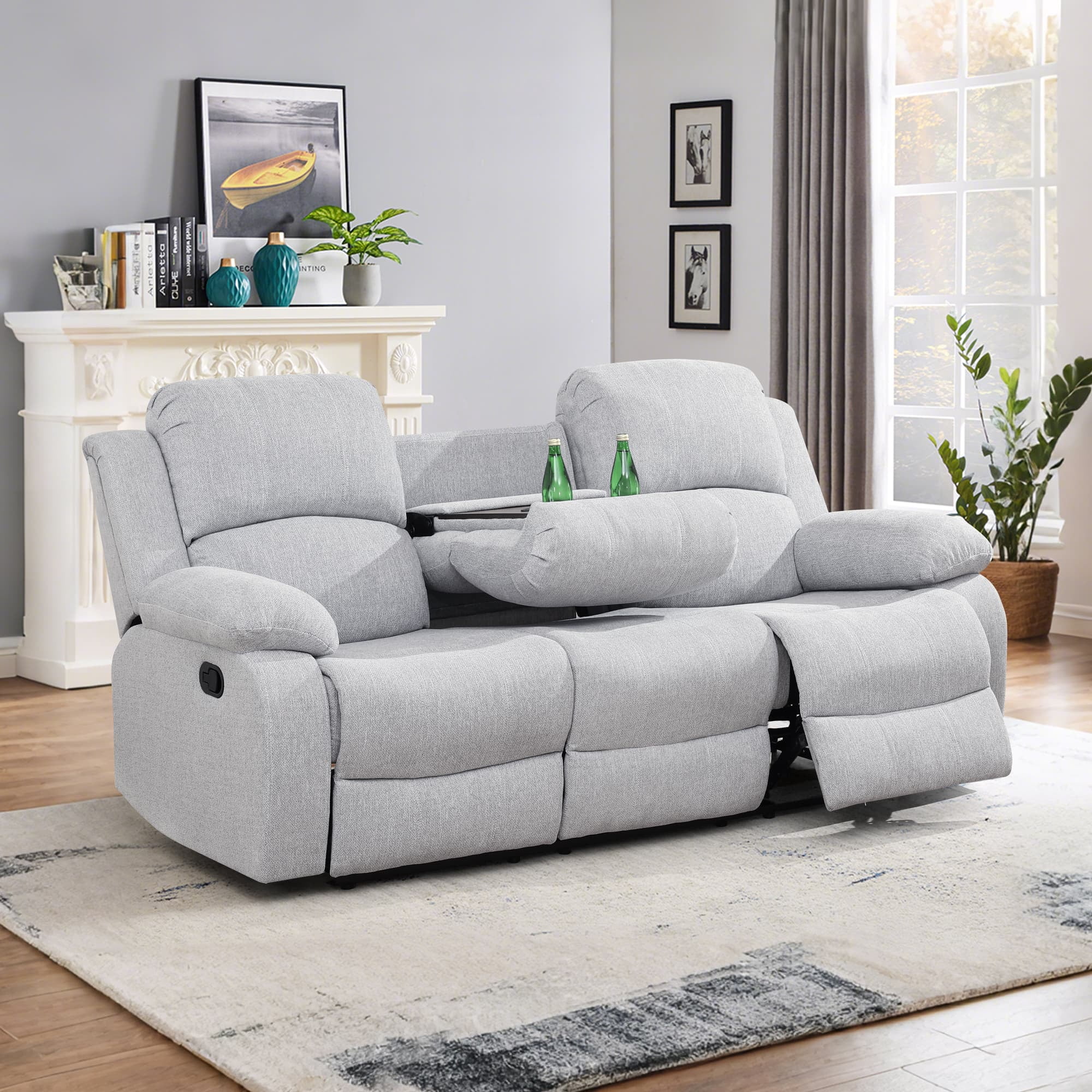 MAYEERTY Reclining Sofa, 3-Seat Wear-Resistant Breathable Fabric Recliner with Reversible Coffee Table for Living Room, Grey